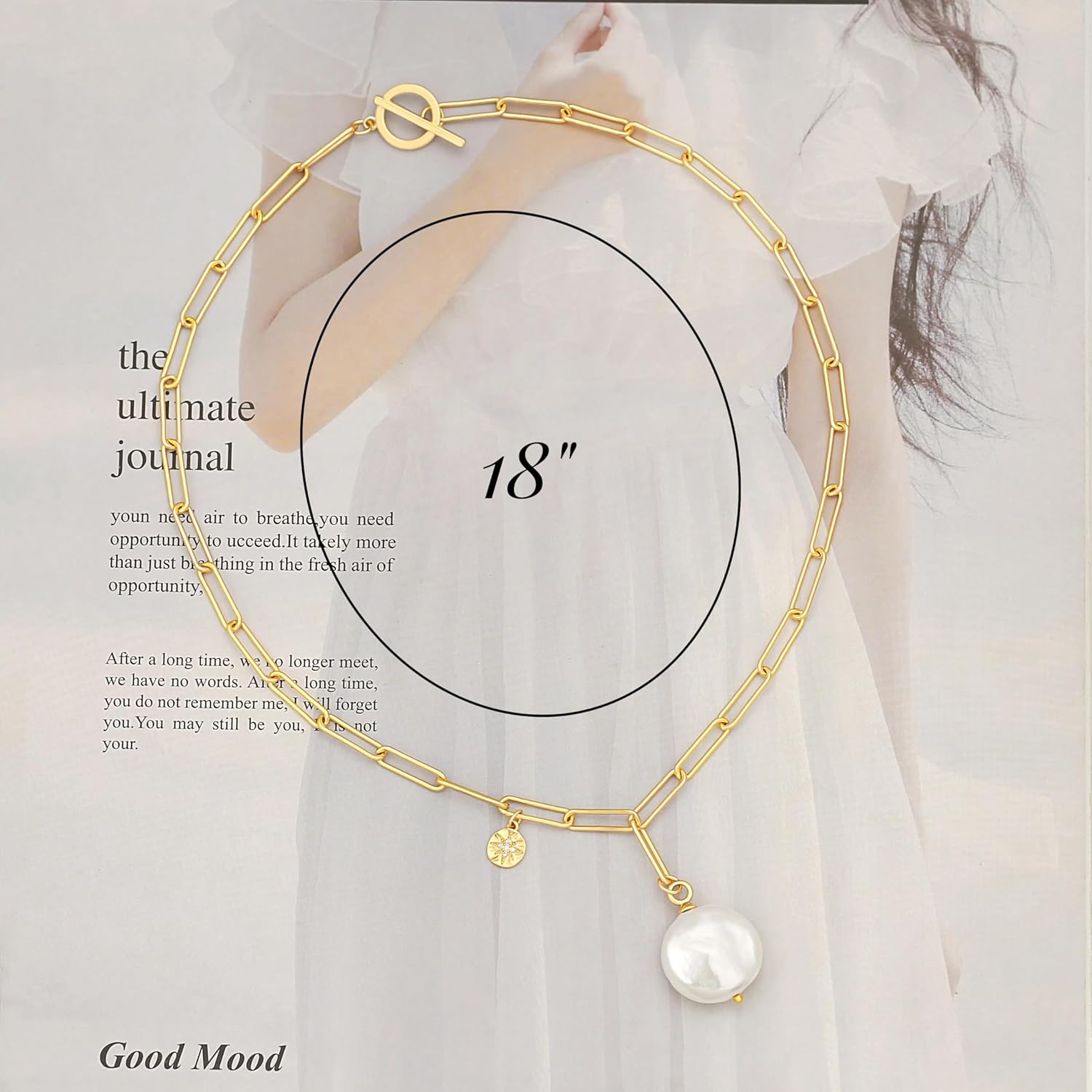 18k Gold Plated Chain Link Necklace for Women, Baroque Pearl/Compass Pendant Necklace - Image 7
