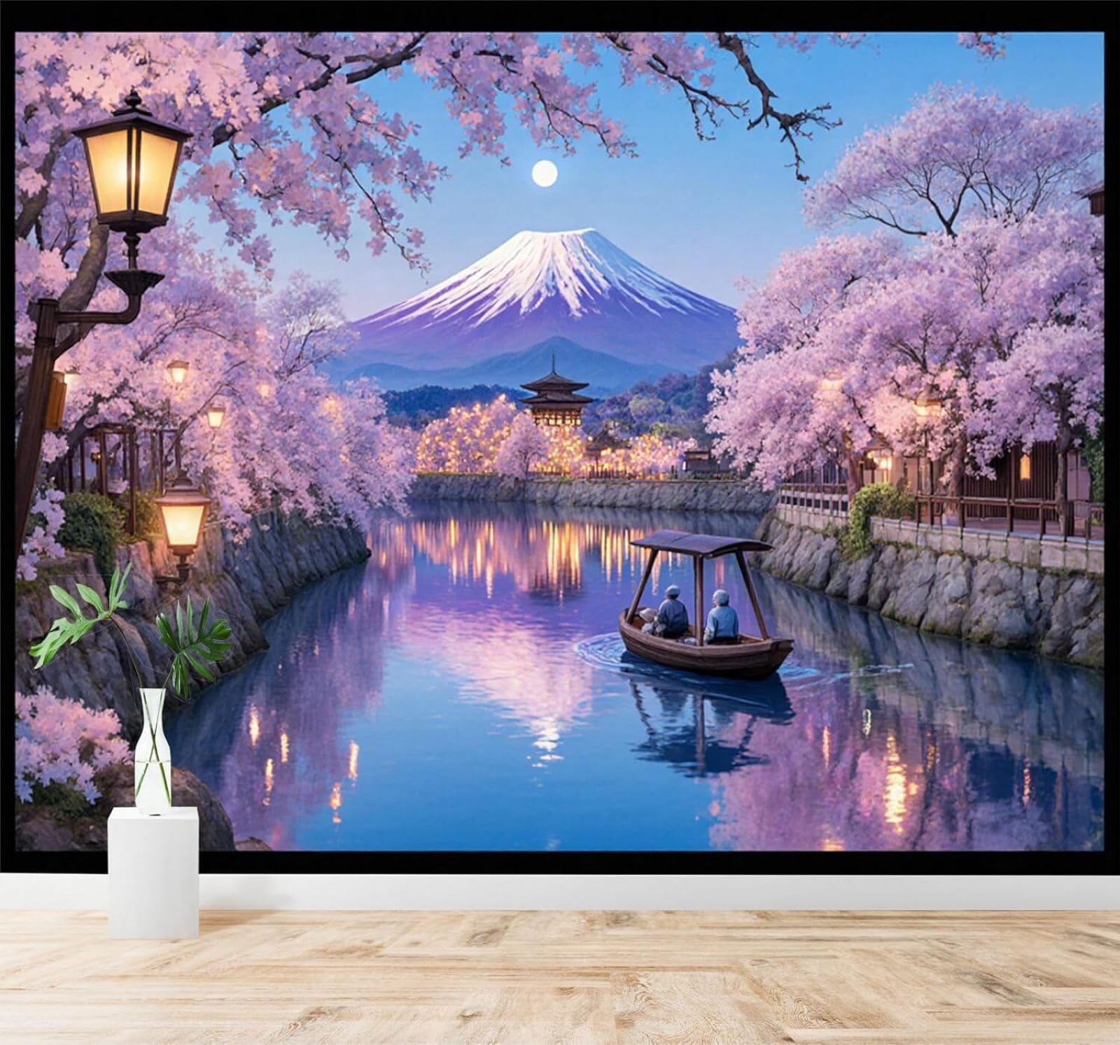 Tzxztt Beautiful Cherry Blossoms River Boats Snow Capped Mountains Modern 3D Wallpaper Premium Textured Silk Neutral Tones Material Ideal for Living Room Bedroom-300cm×210cm