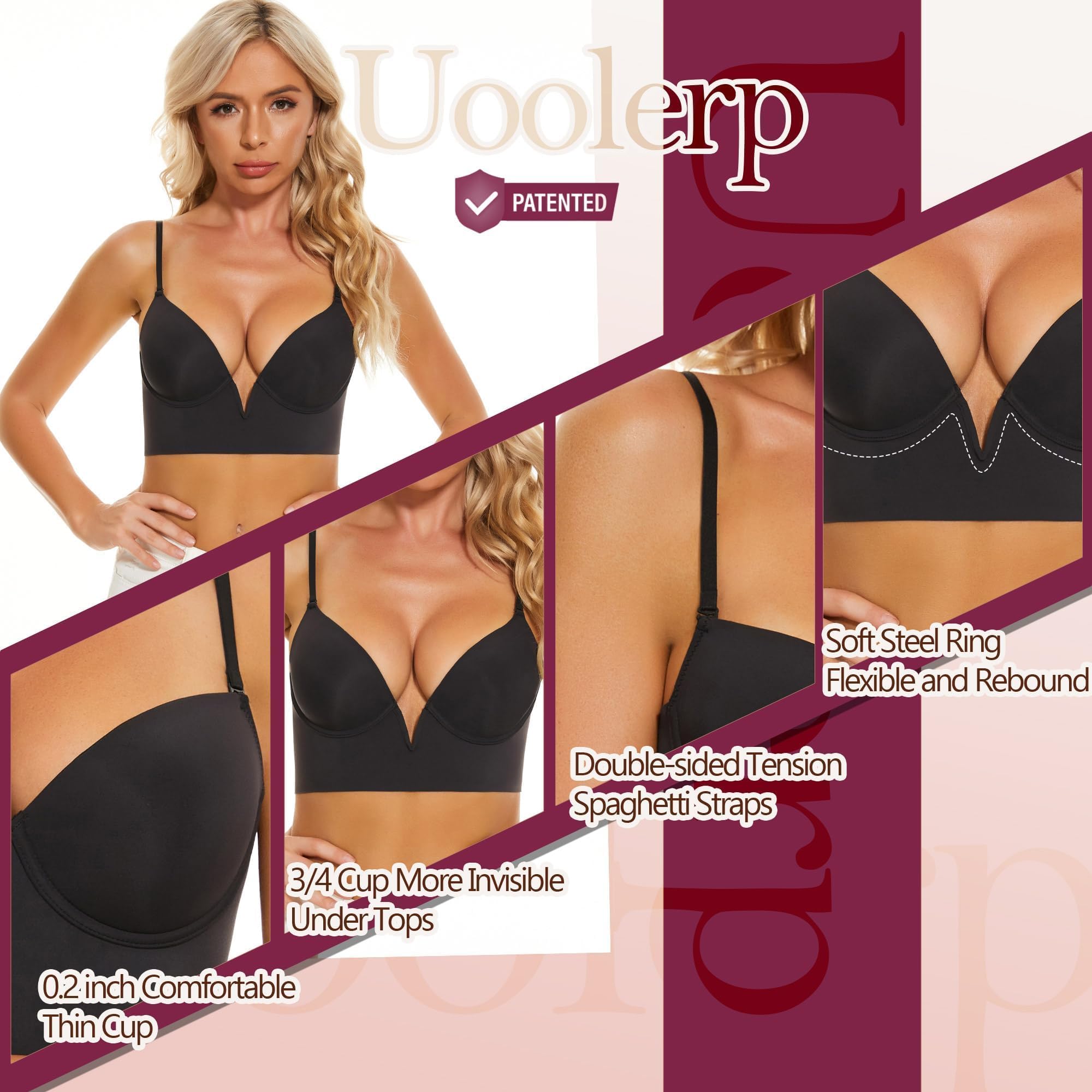 Soutien Gorge Dos Nu - Rembourrage Léger sans Couture Soutien Gorge Dos Nu Invisible Décolleté Plongeant Brassière Soutien Gorge avec Armature Bretelles Réglables