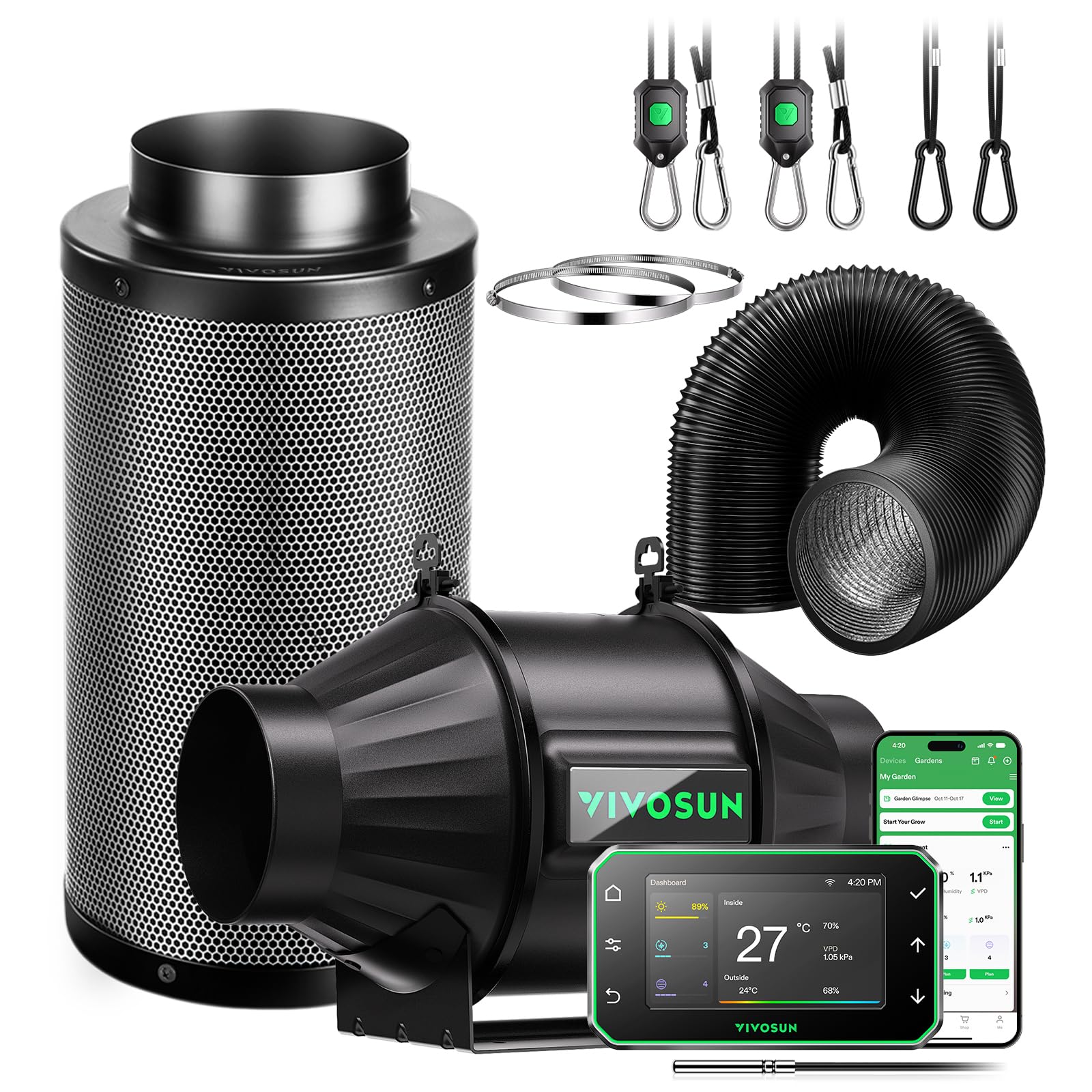 VIVOSUN Kit d‘Extraction d’Air Intelligent Pro 100mm AeroZesh T4 GrowHub E42A+ Contrôle VPD Température Humidité, Connexion APP Filtre à Charbon Actif Conduit Ventilation Tentes Culture Hydroponie