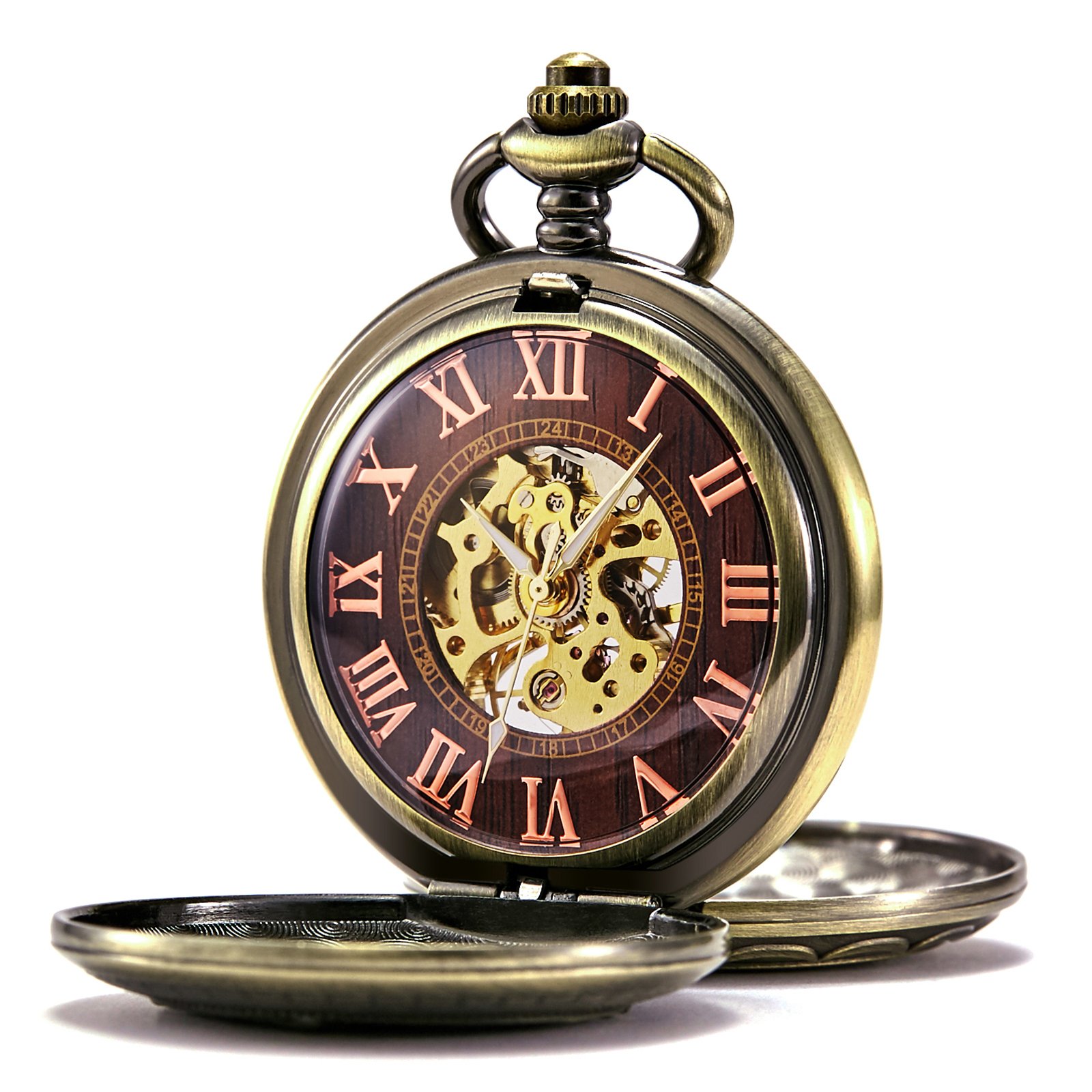 TREEWETO Montre de Poche mécanique Antique pour Homme et Femme, boîtier en Bronze, Train à Vapeur, Chemin de Fer, Chiffres Romai