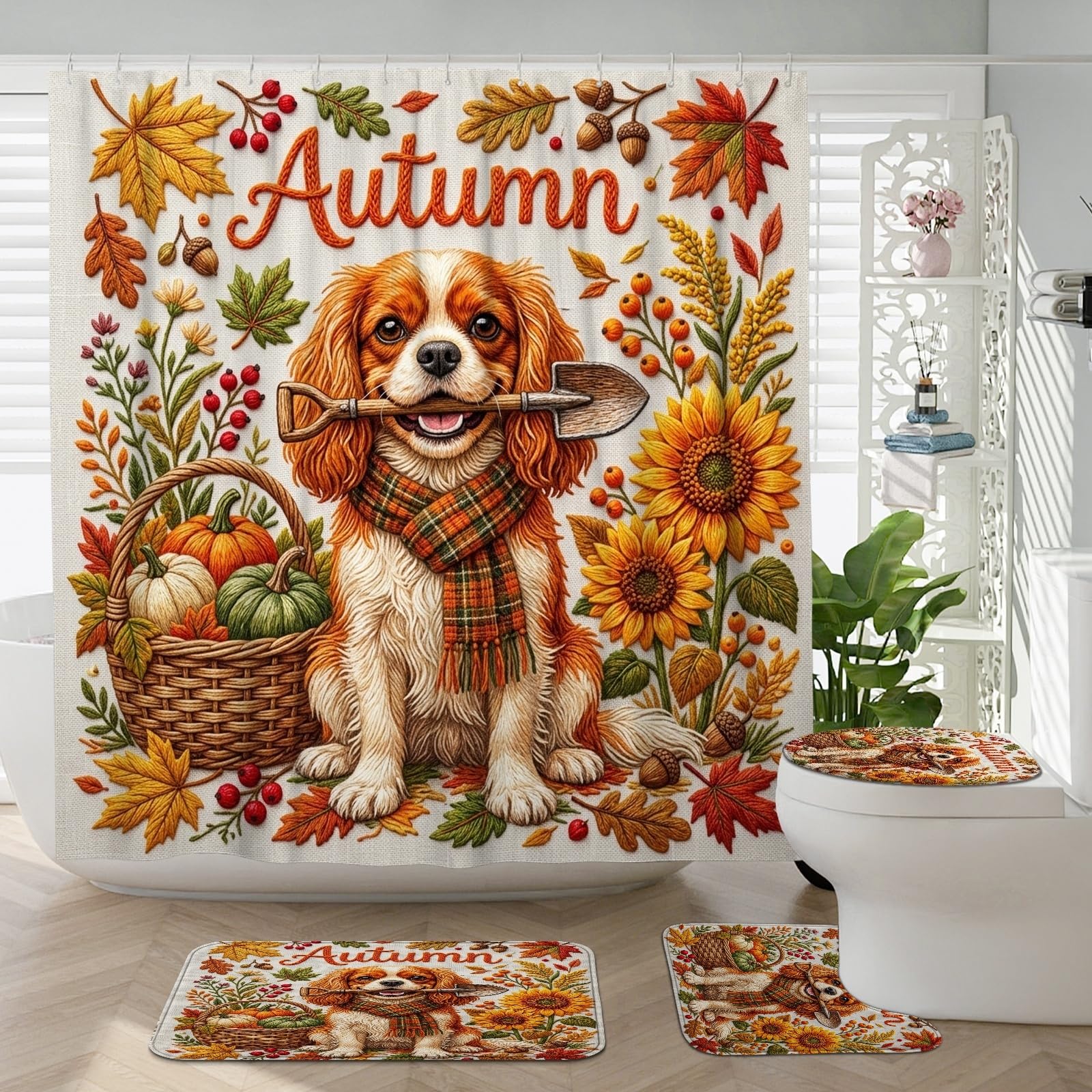 Rideaux de douche Cavalier King Charles anti-glissade avec tapis de bain 4 pièces