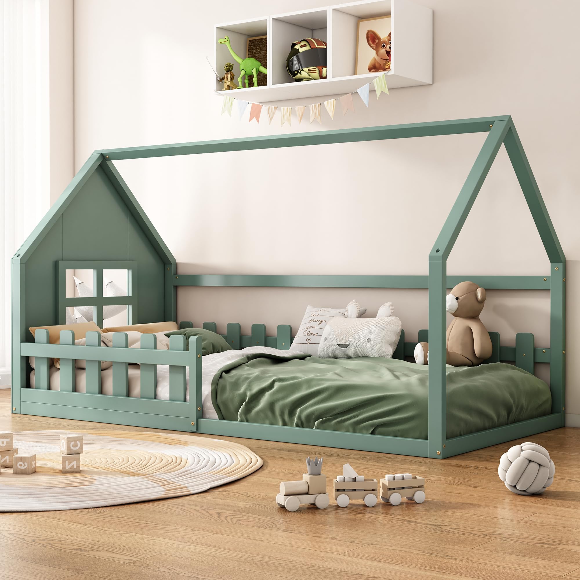 Bodenbett 90x200, Rausfallschutz Bett, Hausbett, Kinderbett 90x200 bodentief für Jungen & Mädchen, Kinder Bett aus Kiefer Holz, Bett mit Lattenrost, Babybett, Kleinkindbett (Grün)