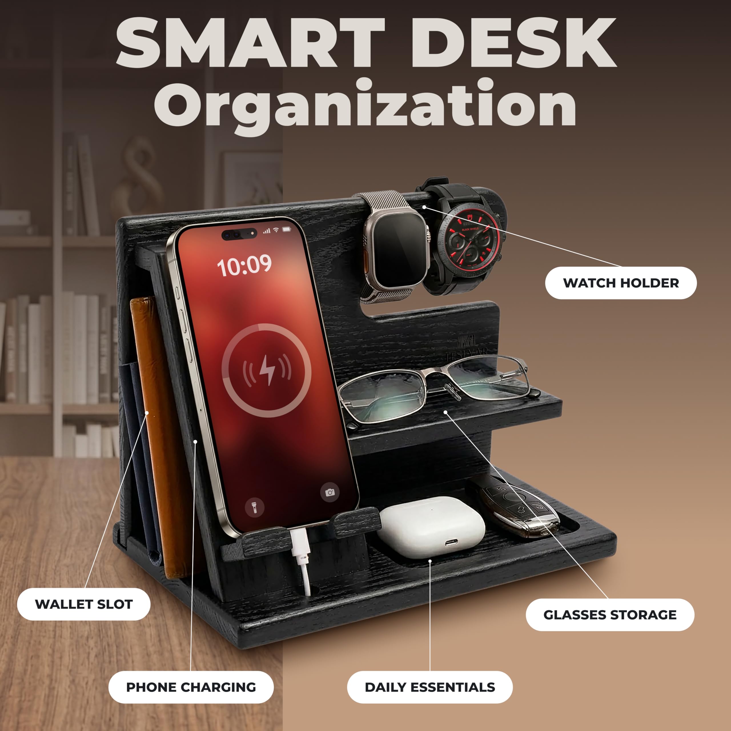 Teslyar Docking Station in legno di frassino per smartphone, organizer da comodino con portachiavi, supporto per portafoglio e orologio, regalo per uomo papà marito, anniversario compleanno (Nero)