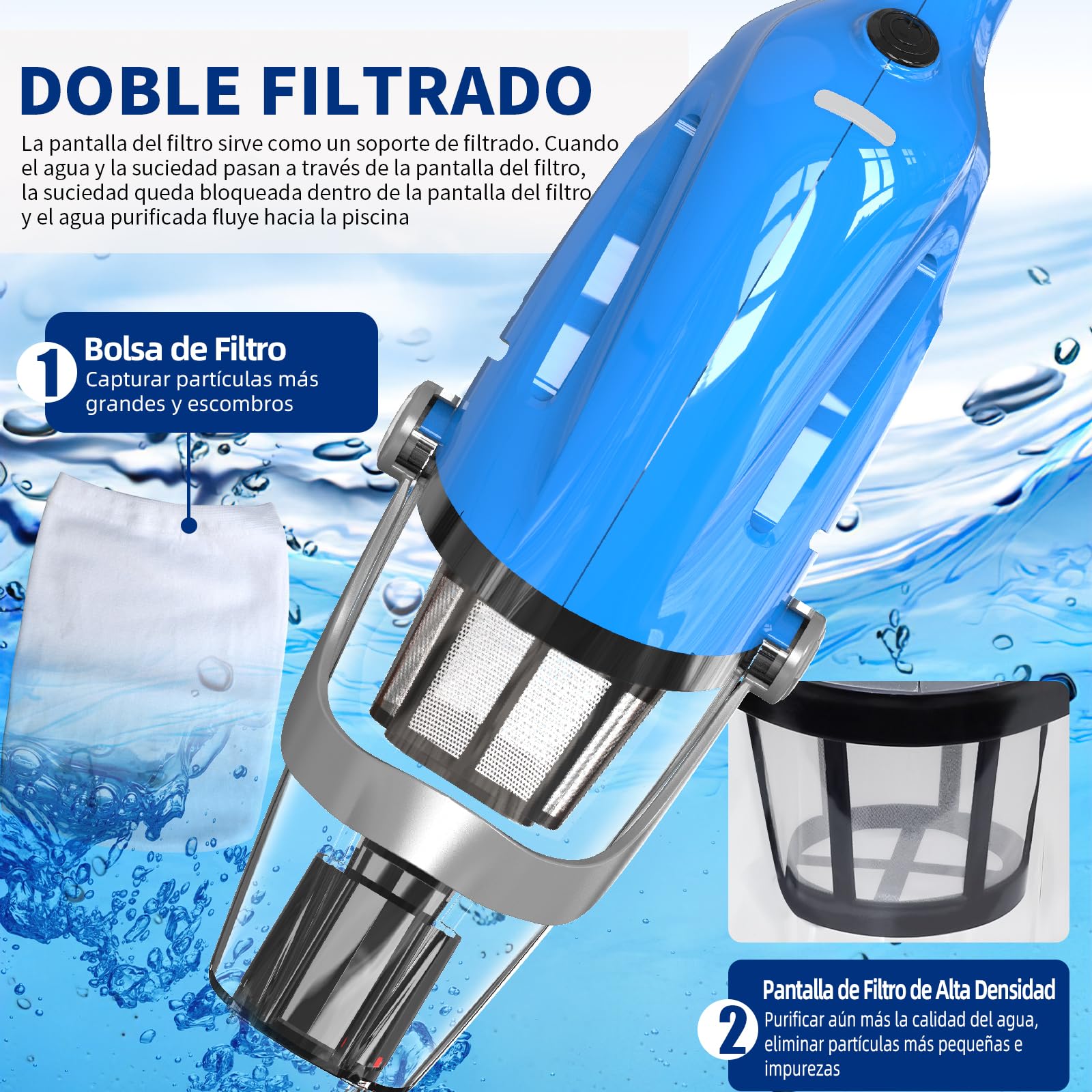 2026 Nueva Aspiradora de Piscina con Batería, Limpiafondos Manual para Piscina, Autonomía 80 Minutos, Aspiradora Eléctrica para Piscina, SPA, Azul