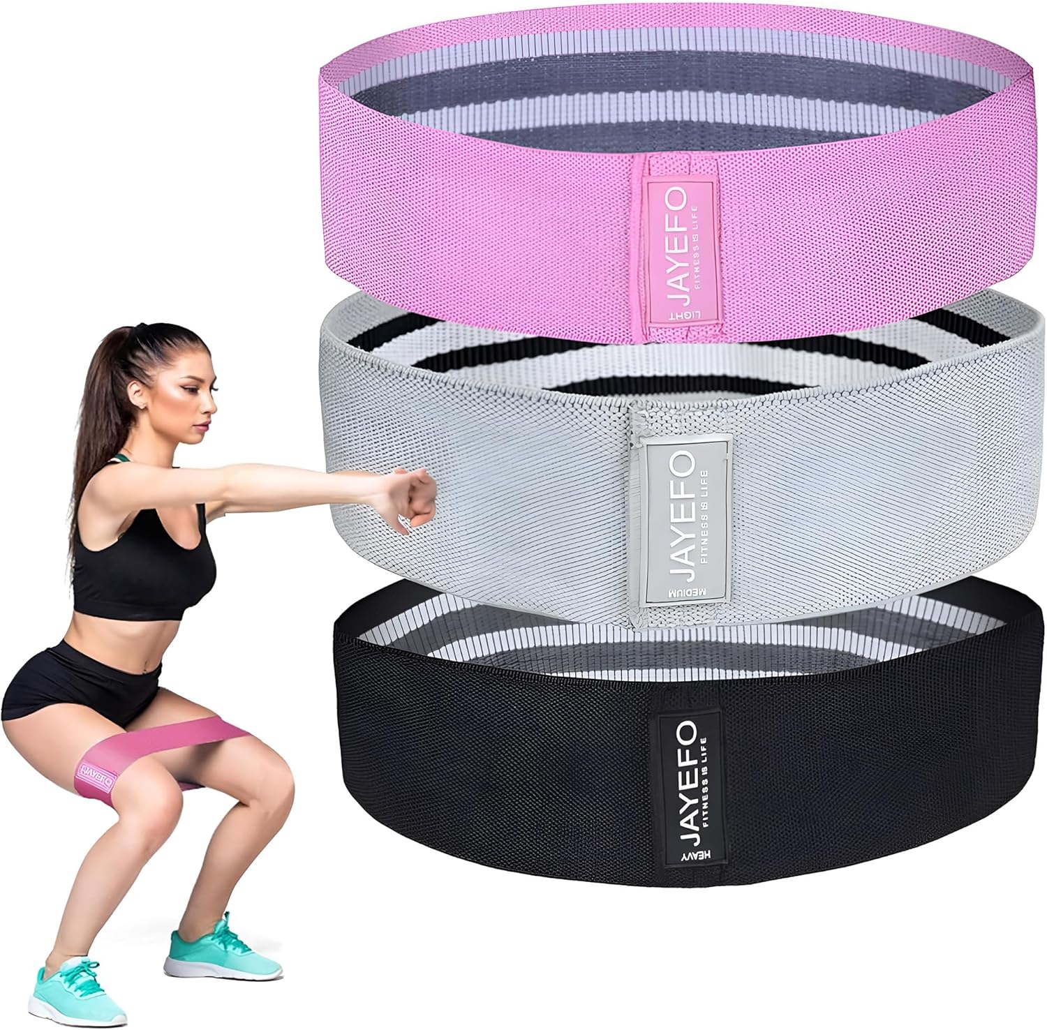 JAYEFO RESISTANCE BANDS – SET of 3 Exercise Bands for Women & Men Fitness Equipment for Home Gym Pilates Yoga Workout, Heavy Duty Exercise Bands | (PINK, GRAY, BLACK)