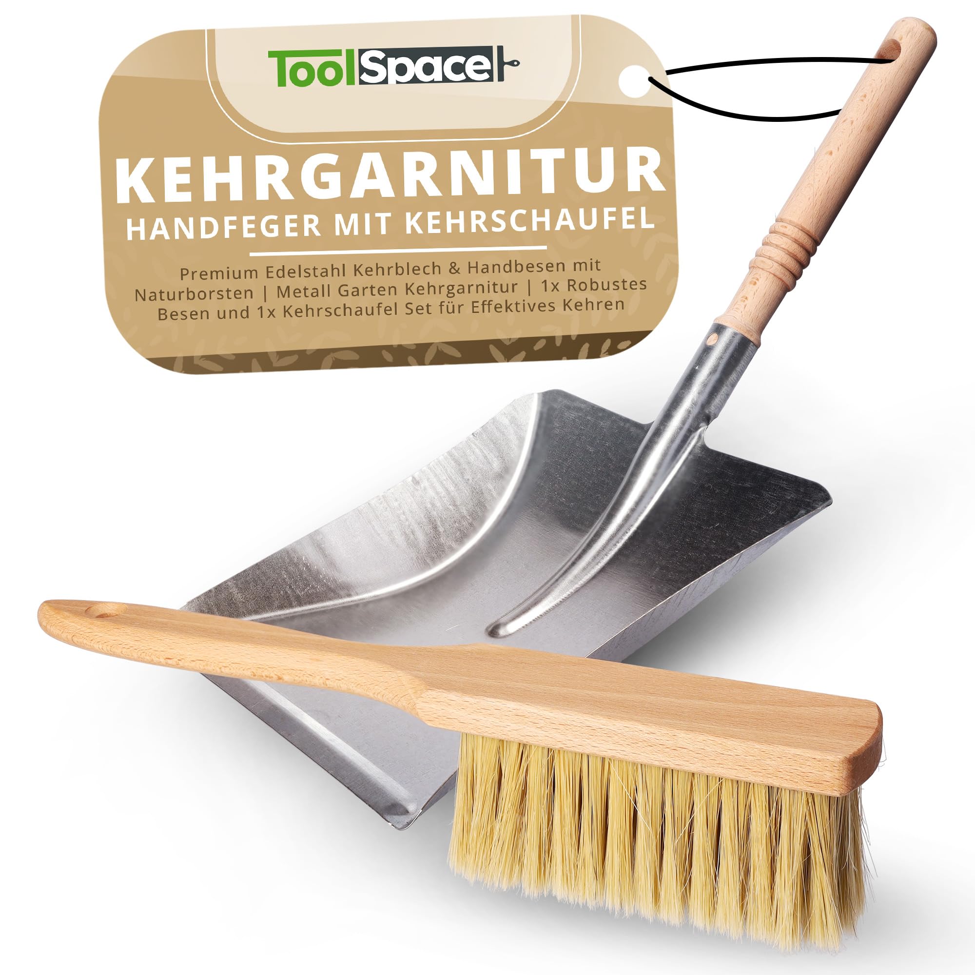 ToolSpace Handfeger und Schaufel Holz Stiel Kehrschaufel Set mit Stiel