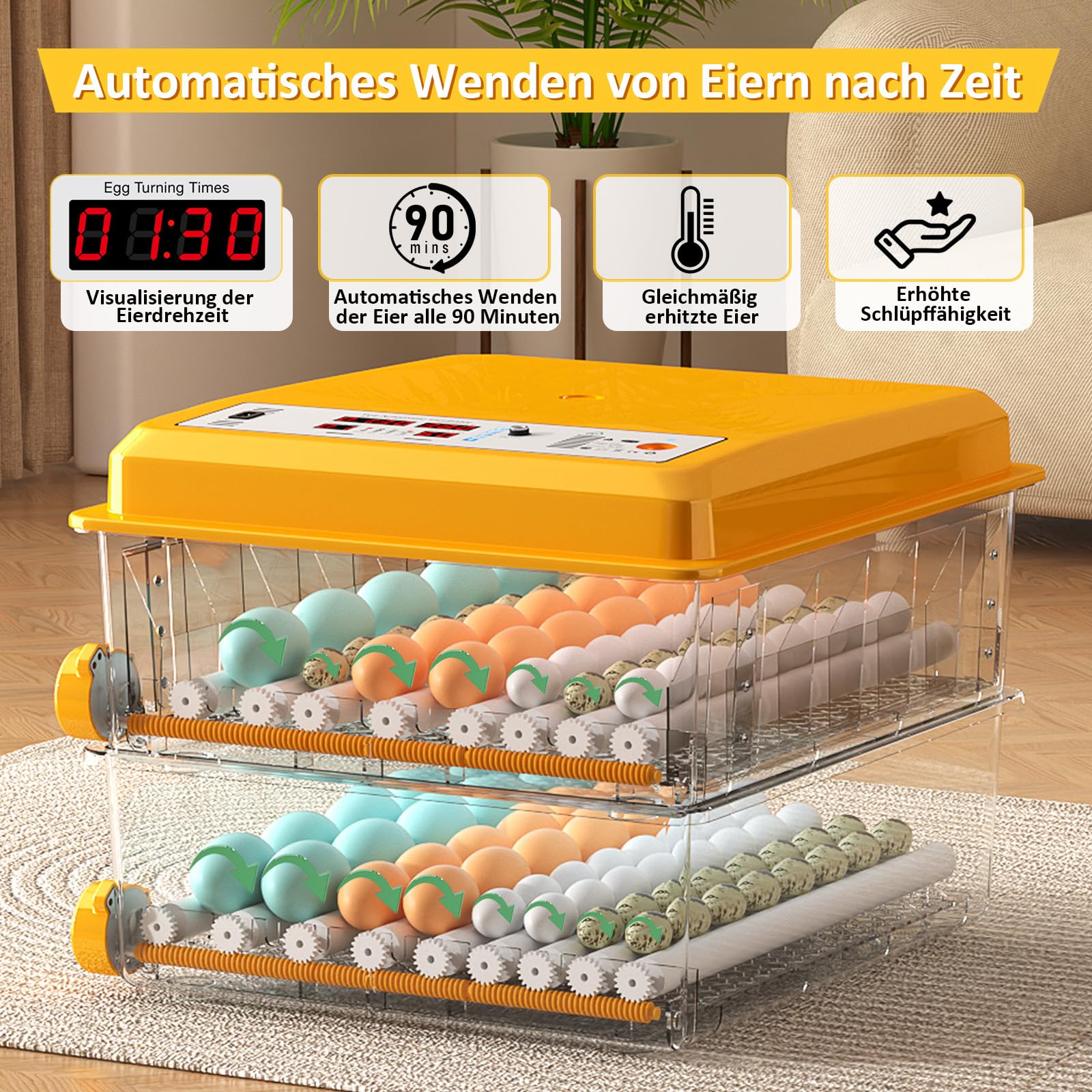 Brutautomat Vollautomatisch von 120 Eiern, Brutmaschine mit automatischer Eierwende und Feuchtigkeitsüberwachung, Temperaturkontrolle, 5 automatische Brutmodi und Brutdaueraufzeichnung