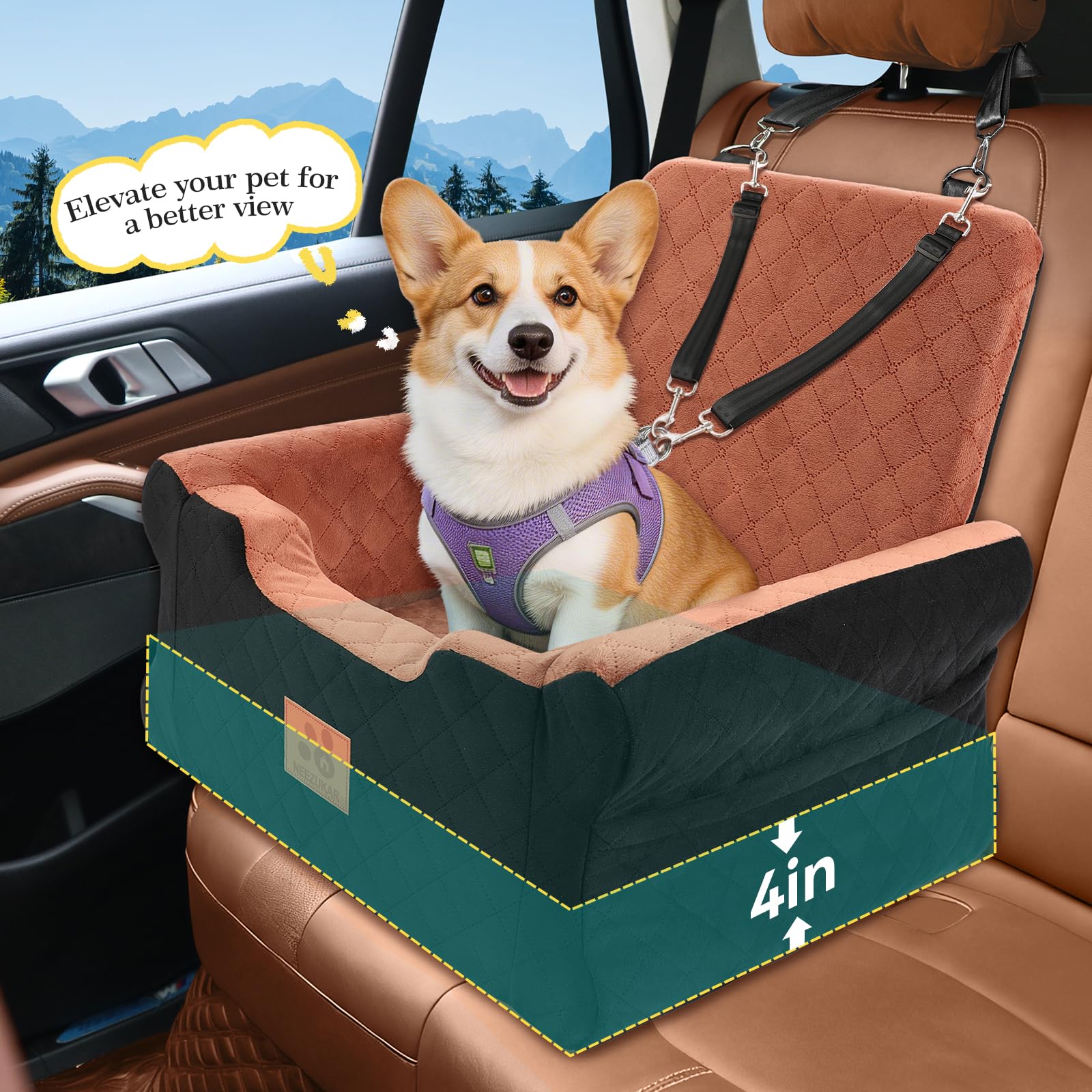 GL GLENSLAVE Asientos de coche para perros pequeños y medianos, asiento elevado de espuma viscoelástica para perros, asiento de coche desmontable lavable para mascotas con cinturones de seguridad y