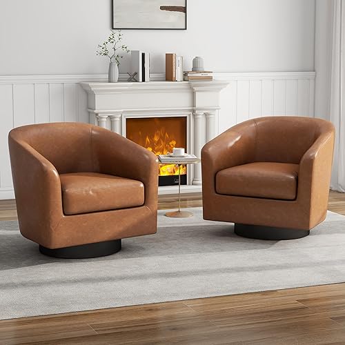 UIXE PU Leather Swivel Accent Chairs Set of 2, Barrel Club Chair Upholstered Armchair for Living Room, Round Arm Chair Single Sofa Bedroom Reading Seat - Brown