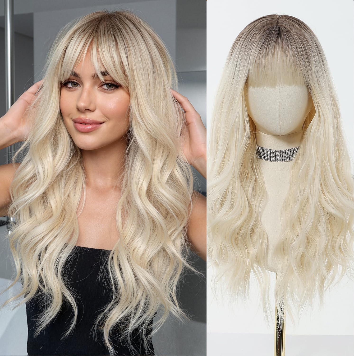 Esmee Peluca Larga Ondulada Rubia Ombré con Flequillo para Dama - 26IN