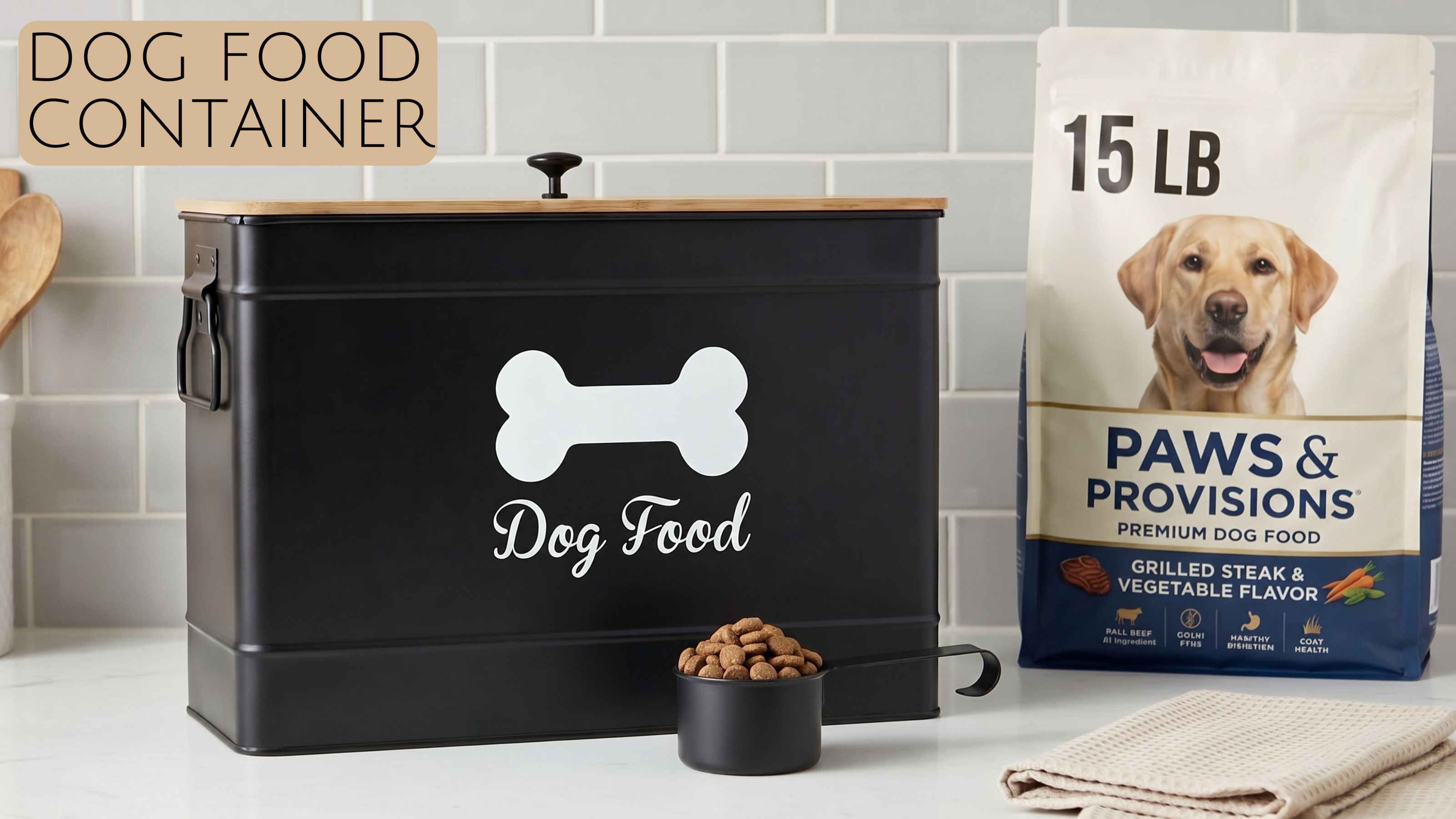 Amazon.com: Dog Food Container Airtight 15-20 lb (70 Cup) Capacity with  Metal Scoop - Cute Airtight Dog Food Storage Container with Bamboo Lid -  Black Metal Kibble Storage Bin for Dogs up