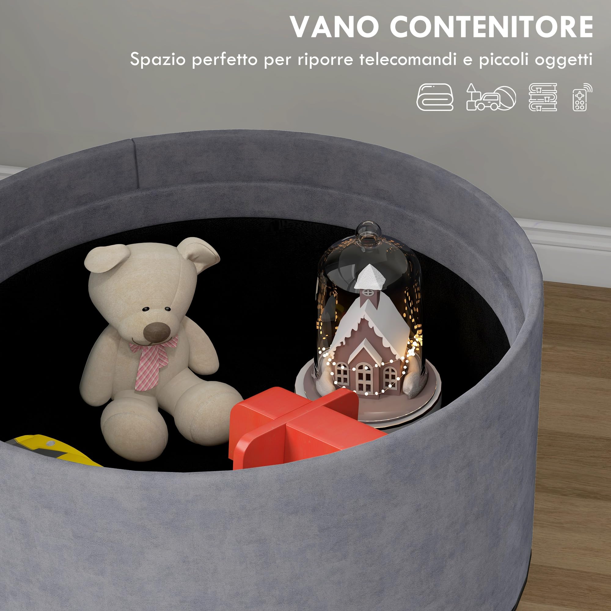 HOMCOM Pouf Contenitore in Tessuto Sherpa da 120 kg max con Vassoio a Ribalta, Tavolino da Caffè in MDF e Faggio con Spazio a Scomparsa, 56x56x42 cm, Grigio