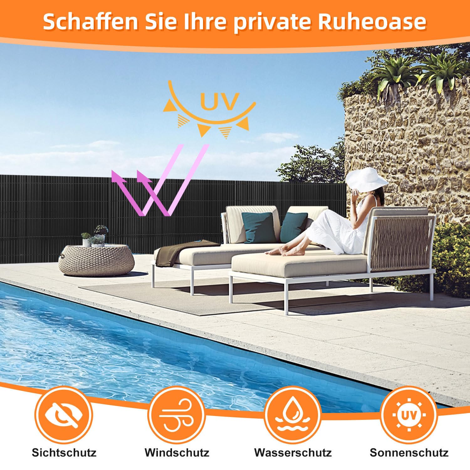 PVC Sichtschutzmatte, 90x500cm, Sichtschutzzaun Dreifache Verstärkung, Balkon Sichtschutz mit Kabelbindern, Windschutz Wetterfest, UV-beständig, ohne Bohren für Balkon Garten, Anthrazit