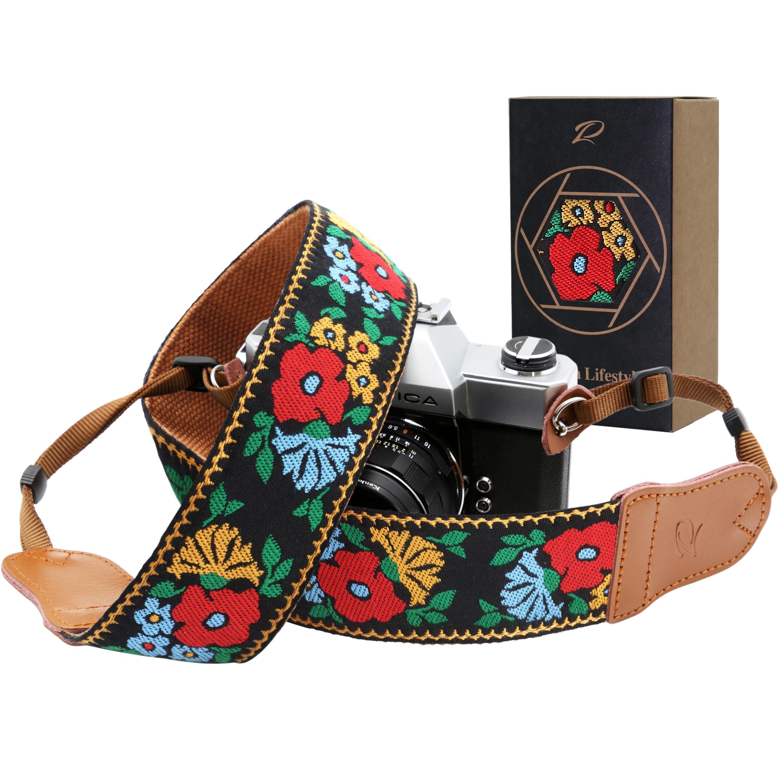 Padwa Lifestyle Camera Strap - Double Layer Cowhide Ends,2" Cotton Embroidered Vintage Camera Straps, Adjustable Neck &amp; Shoulder Strap for All DSLR Cameras,Great Gift for Photographers -Spring Flowers