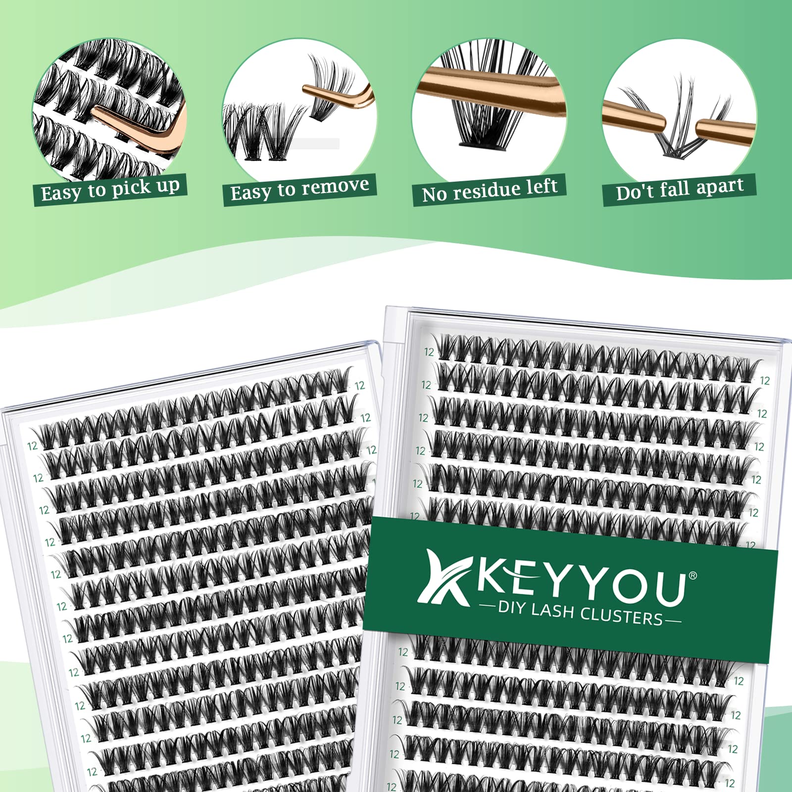 KEYYOU Wimpernverlängerung 300 Stück Cluster Wimpern 40D D Curl 12mm Individuelle Wimpern Volumen Natürlich Sanft Schwarz PBT Faser Tierversuchsfrei