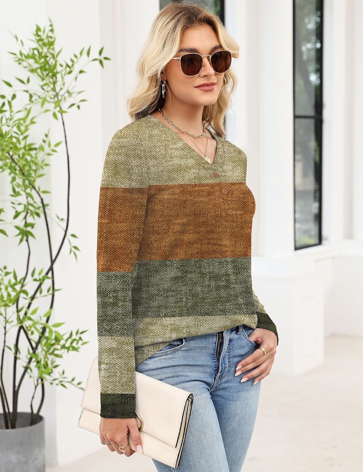 Ivicoer Womens Long Sleeve Tops Henley Shirts for Women Fall Fashion 2025 V Neck Loose Fit Tunic Tops Caramel Gray Stripe M - Image 3