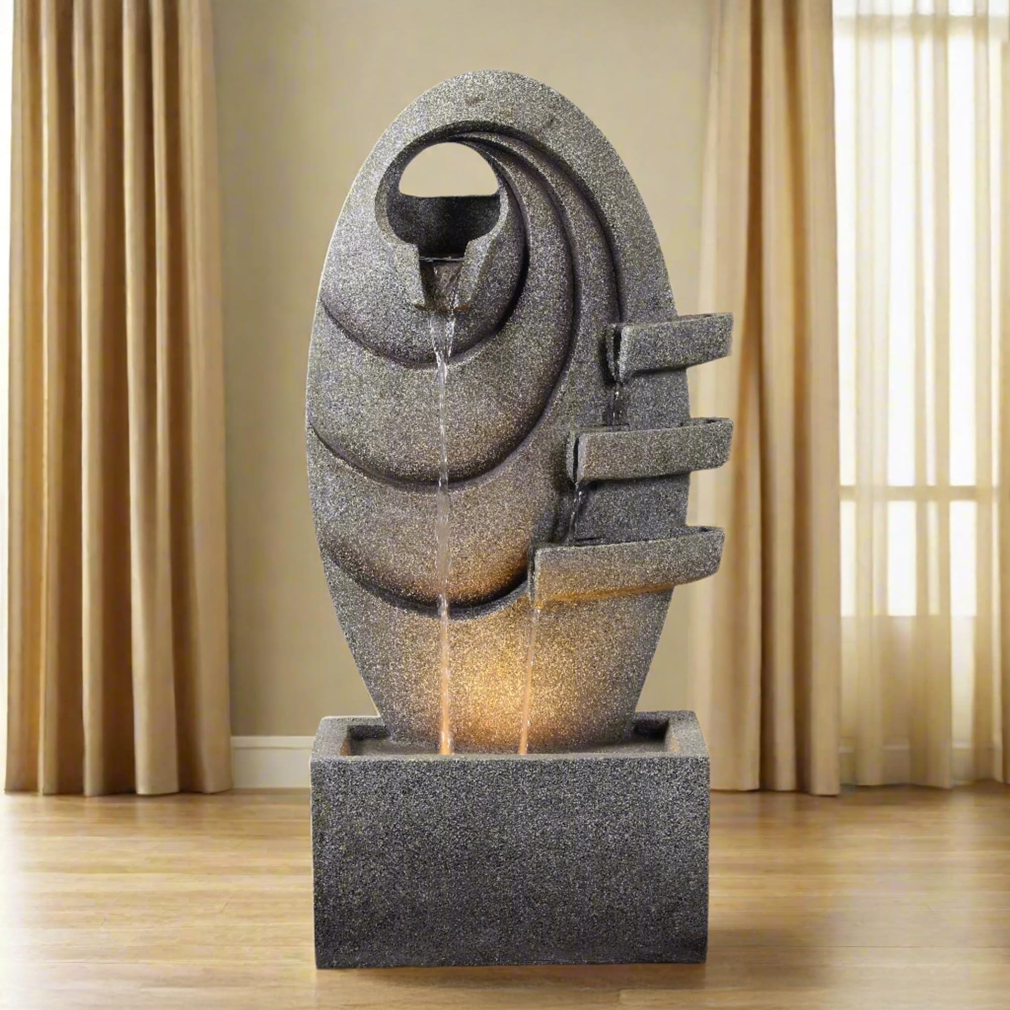 Teamson Home Garten Outdoor Brunnen Moderner Ovaler Brunnen mit warmen LED-Lichtern, Einstellbarer Fluss, Robustes dunkelgraues Steinoptik-Finish