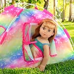 ZITA ELEMENT 7 Items Fashion Doll Camping Tent Set for American 18 Inch Doll Accessories - Including 18 Inch Doll Camping Tent, Sleeping Bag, Clothes Set, Shoes, Camera, Eye Glasses and Toy Dog