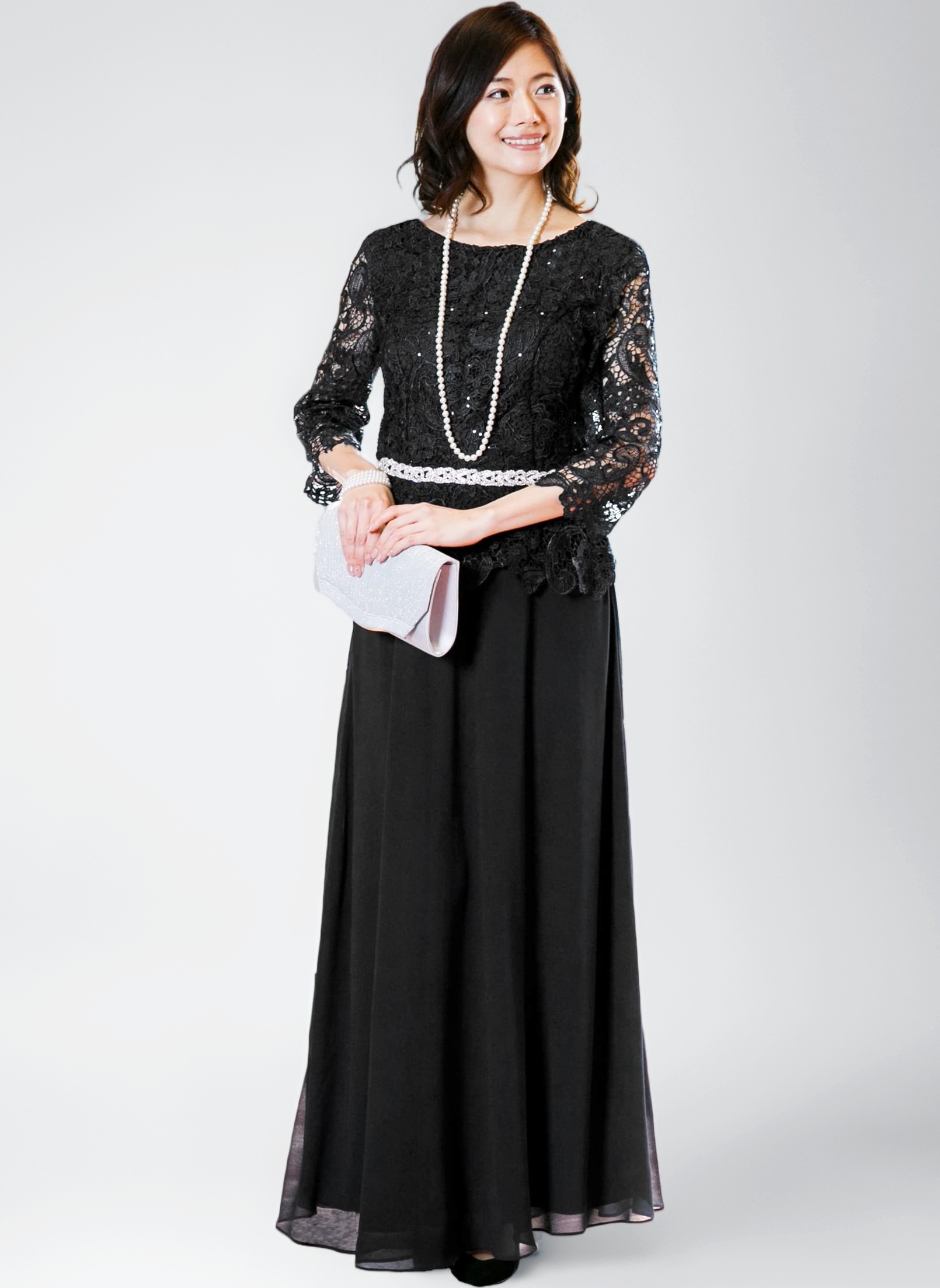 【タグ付】アールズガウン　ブラウジングドレス　マキシ丈　シフォン　レース　黒　M Amazon | [アールズガウン] ロングドレス 結婚式 母親 洋装 親族