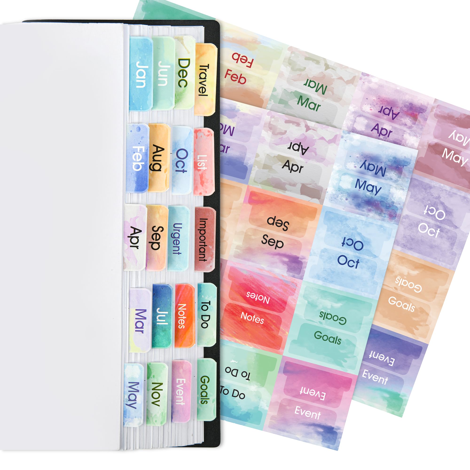 Planner Monthly Tabs(80 Stickers in Total,36 Month,24 Subject,20 Blank) Calendar Monthly Label Stickers for Planners, Subject Label Adhesive Tabs for Folders, Pages(Watercolor)