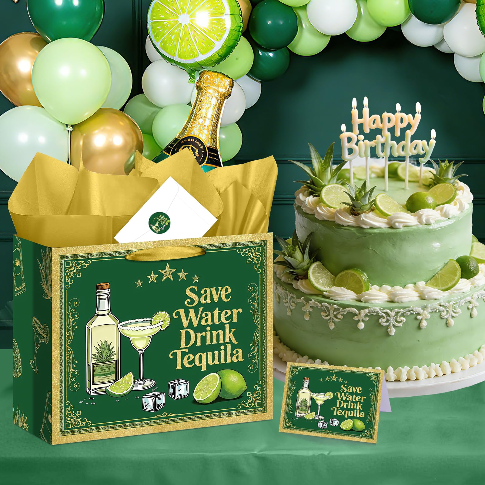 Green Gold Tequila Gift Bag, Margarita All-in-One Set with Greeting Card, Sticker, Envelope, and Tissue Paper, Funny Cocktail Gifts Wrap for Birthday, 21st, Bachelorette, Cinco de Mayo, Mexican Fiesta