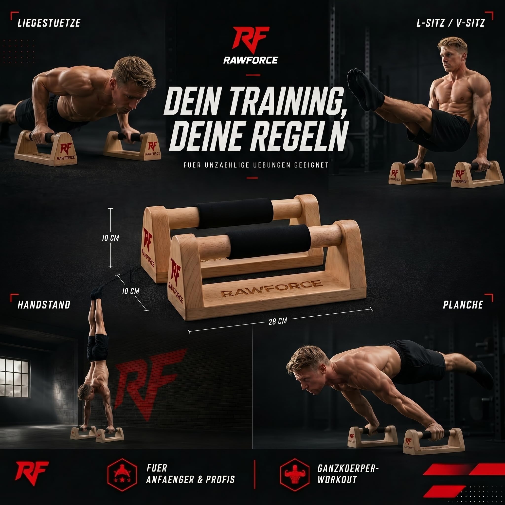 RawForce 2x Liegestützgriffe aus Holz - Joint-Friendly & Rutschfest - Parallettes Push Up Bar - Handstand Griffe - Liegestützbrett - Liegestütze & Calisthenics Equipment - Von Profi Entwickelt