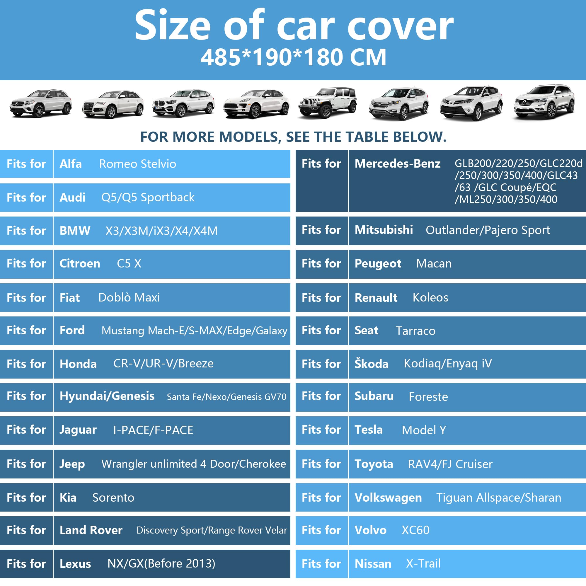 Cowtcver Bâche Voiture SUV Étanche Respirante Contre Pluie Soleil Poussière, Housse de Protection Voiture avec Zip et Doublure en Coton.Bâche pour RAV4, X-Trail, Model Y, 5008 etc.(pour 460 à 485 cm)