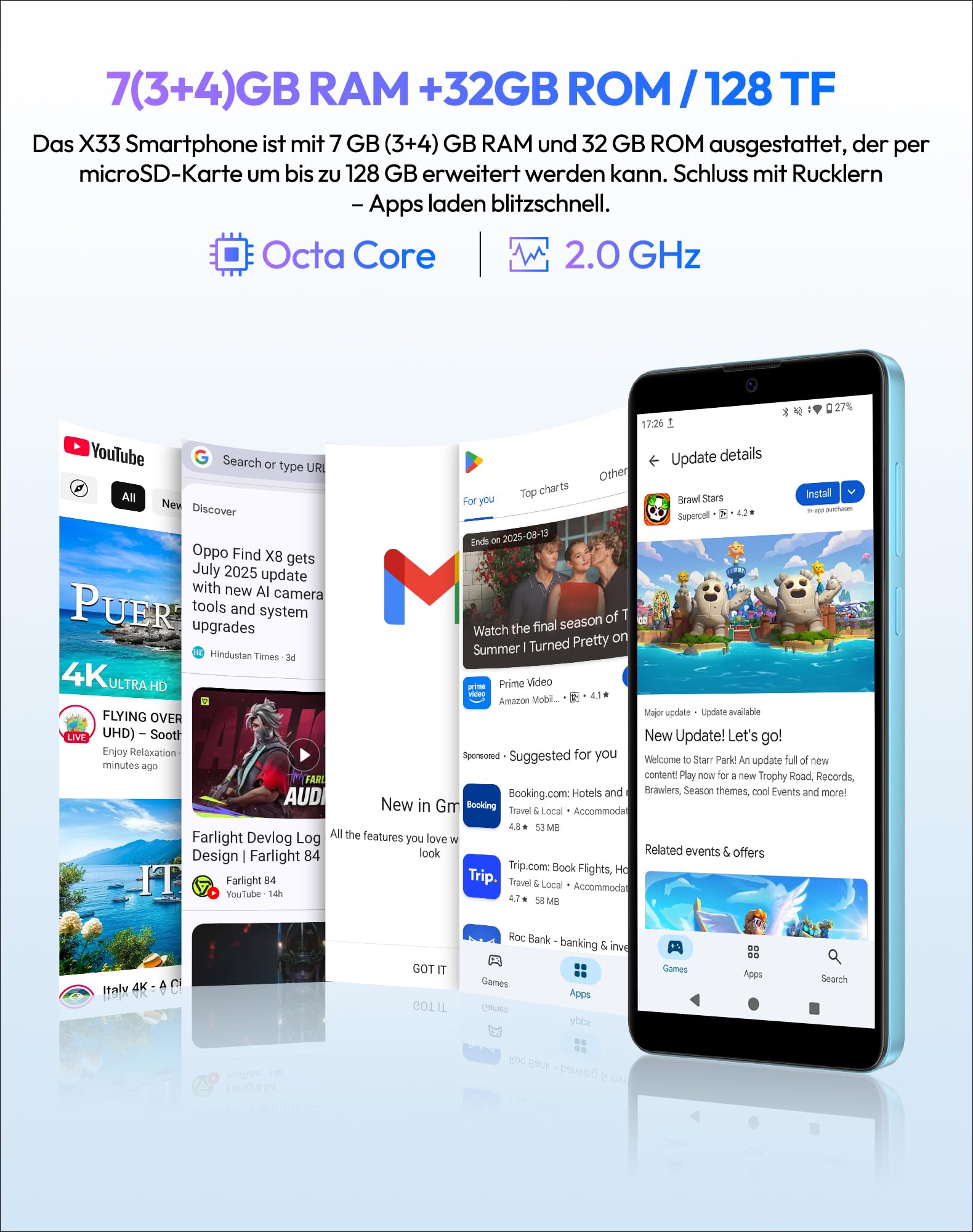 XGODY X33 Smartphone Ohne Vertrag, 6 Zoll 4G Dual SIM Günstig Handy, Octa-Core, Android 15 Go, 3GB+32GB/128GB Erweiterbar, 8MP+5MP Kamera, Face ID, GPS, Blau