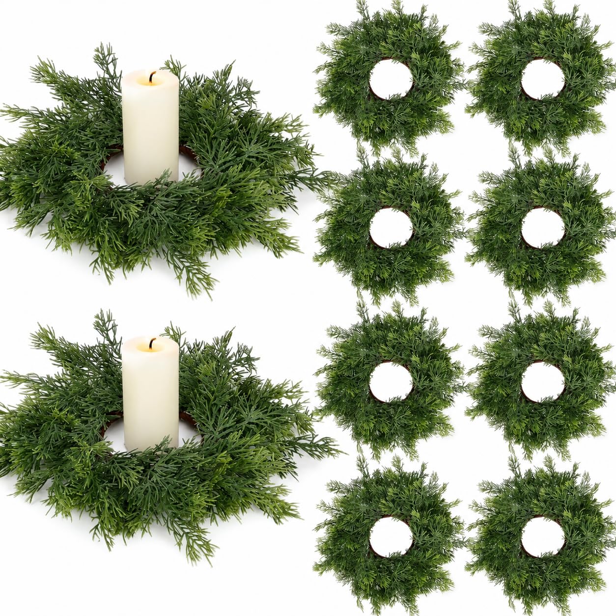 8 PCS Christmas Candle Rings Wreath Artificial Green Norfolk Cedar Mini Candle Ring Holder Small Wreaths for Xmas Cabinets Kitchen Windows Home Wedding Table Centerpiece Door Window Chair Wall