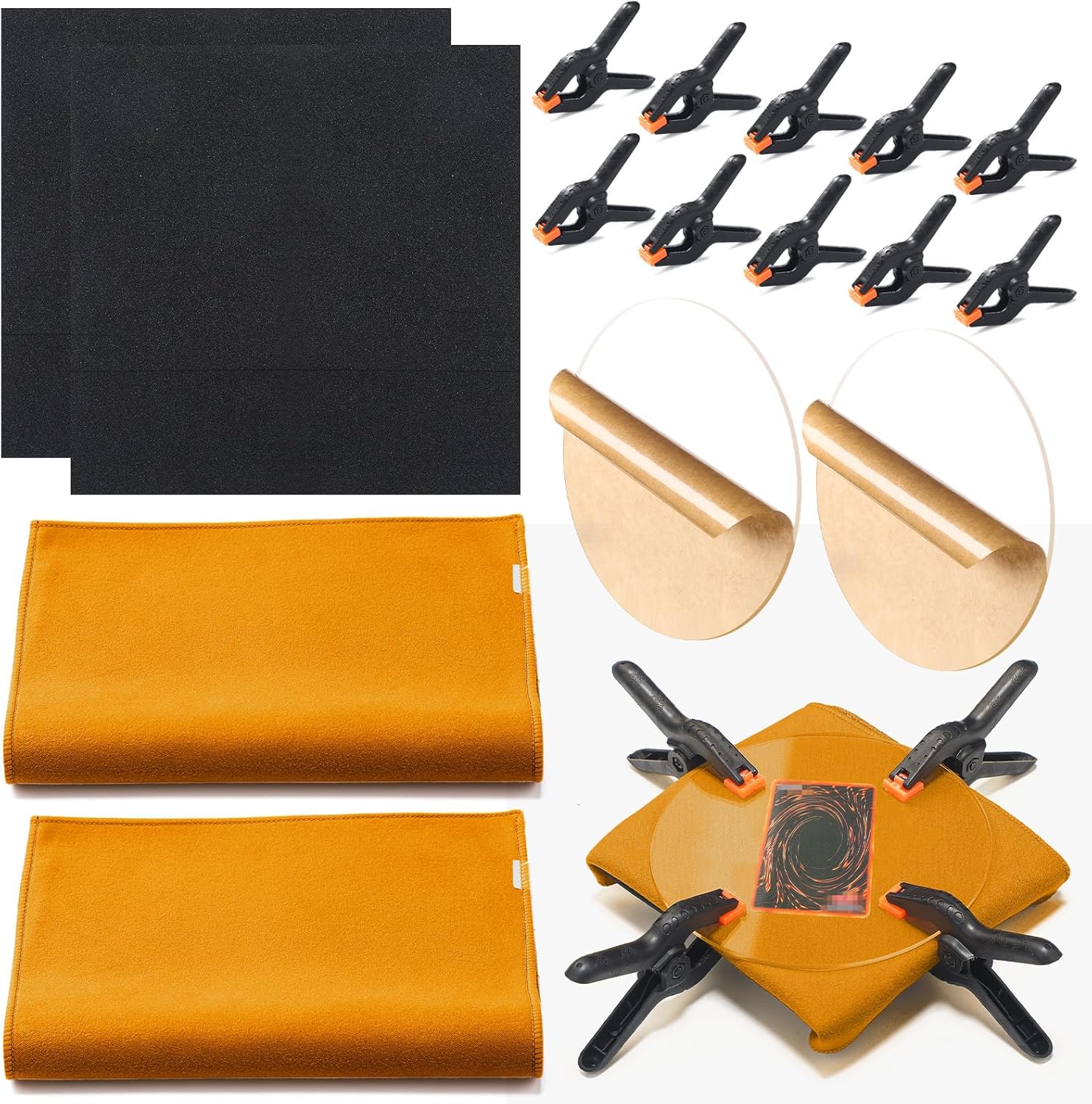Leinuosen 16 Pcs Trading Card Cleaning Care Tool Accessory Kit Sports Card Flattening Kit Include 2 Pcs 6 Inches Clear Acrylic Rounds 10 Plastic Clamps 2 Pad Material 2 Shammy Towel