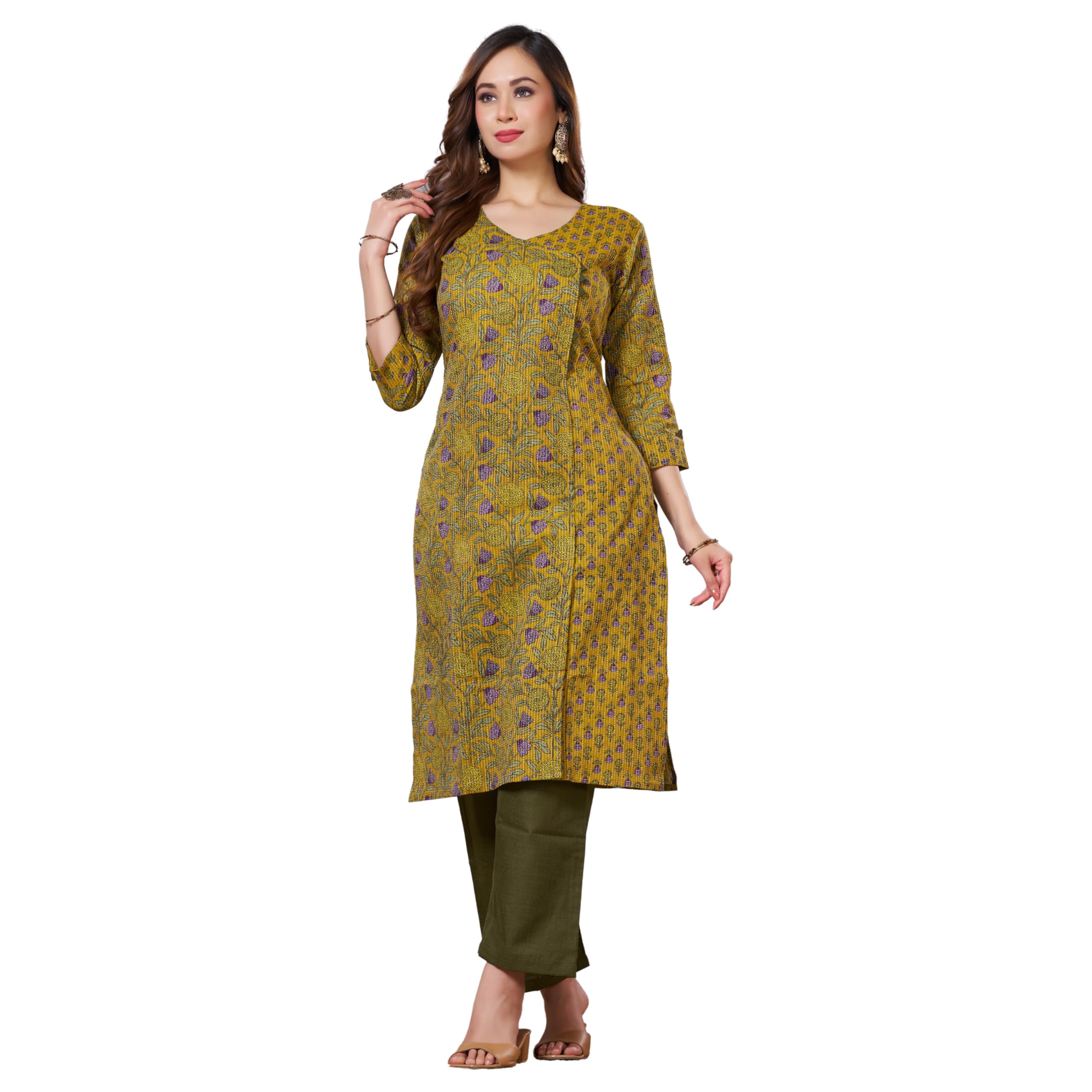 Women's Cotton Angrakha Style Floral Print Kurta with Straight Pant Set | 2 Piece Ethnic Suit with Pocket for Office, Daily & Summer Wear-picture-44
