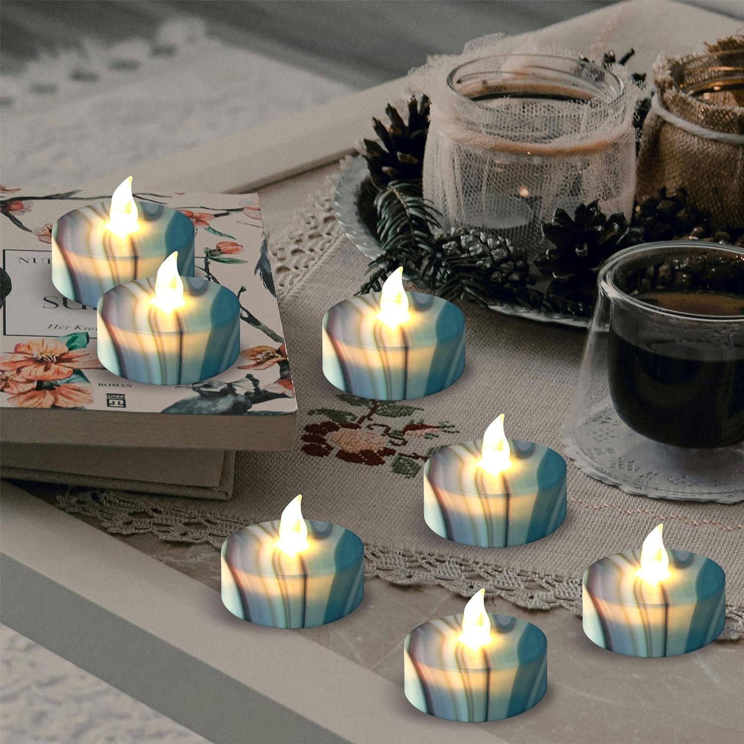 Floral Flameless Tealights with Remote - 12 Pack Grey LED Tealight Candles Battery Operated Tea Lights Safe Realistic Flickering for Home Decor Wedding Party,TLT12P-FLA