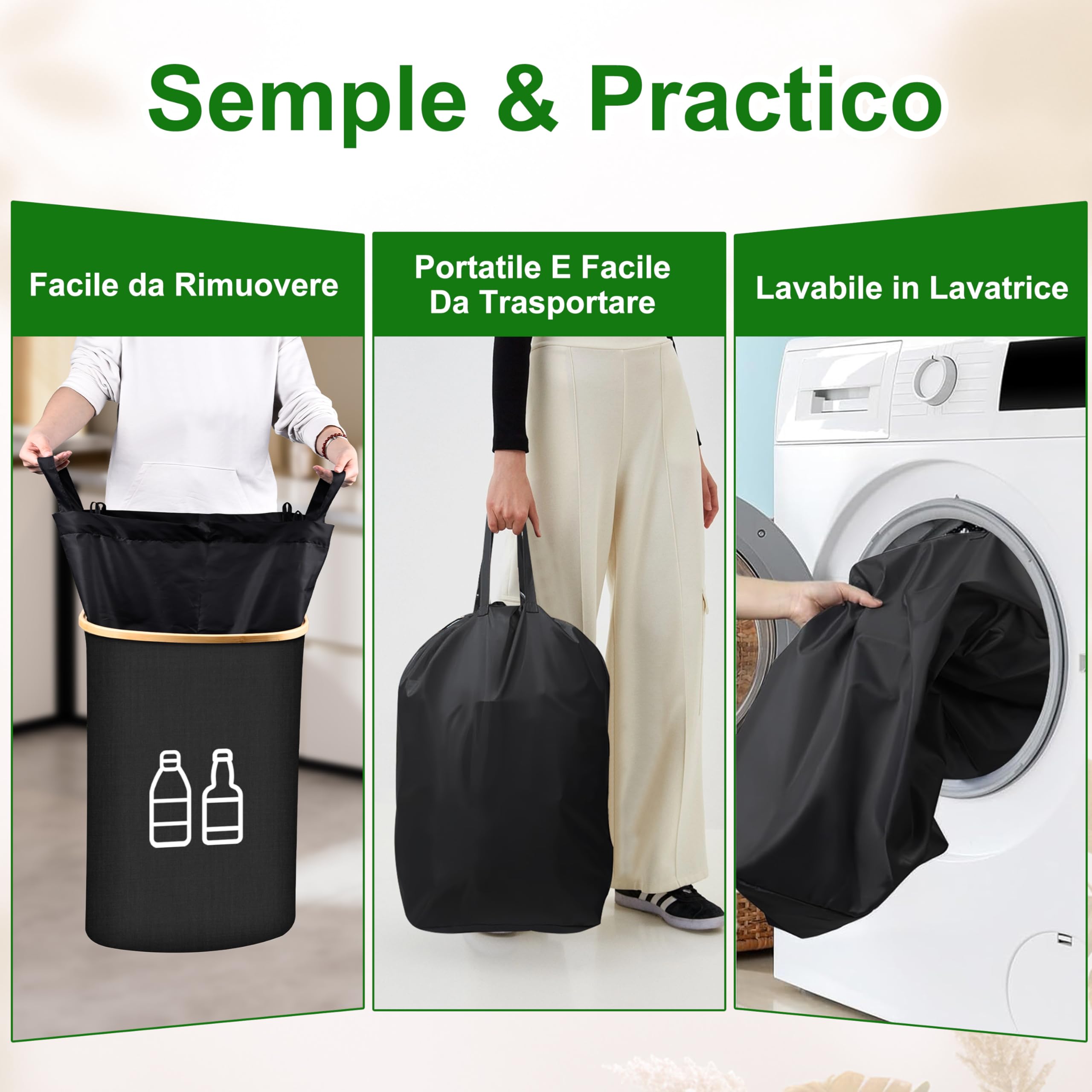 IEEILULU Raccoglitore di Bottiglie, 100L Pattumiera Differenziata per Bottiglia Plastica Bottiglia Vetro, Contenitori Raccolta Differenziata Interno, Bidone Raccolta con Foro per Cucina (Nero, 110L)