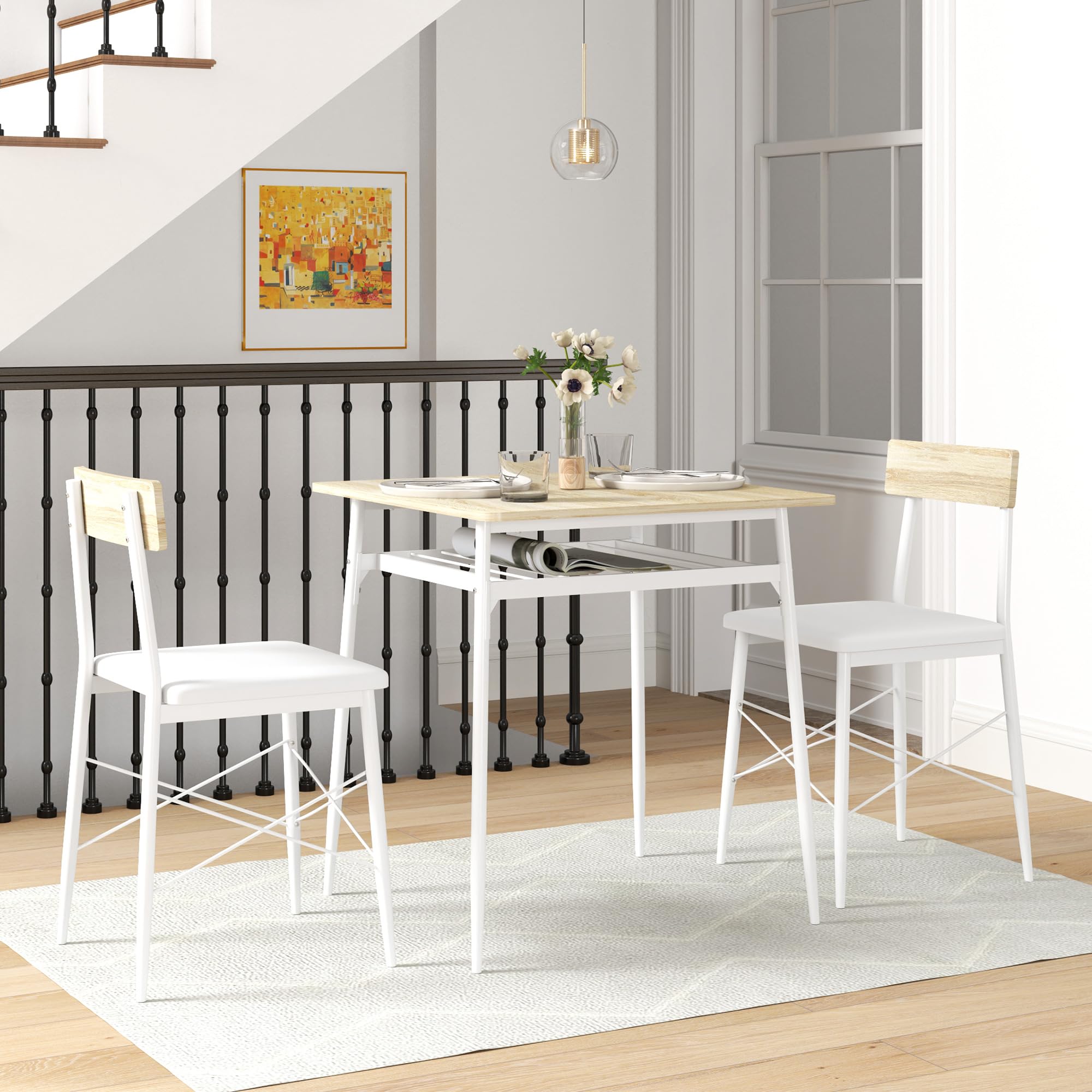 HOMCOM Ensemble Table et chaises, Table de Cuisine avec 2 chaises encastrables, Structure en Acier, pour Cuisine Salon Maison, Blanc et chêne