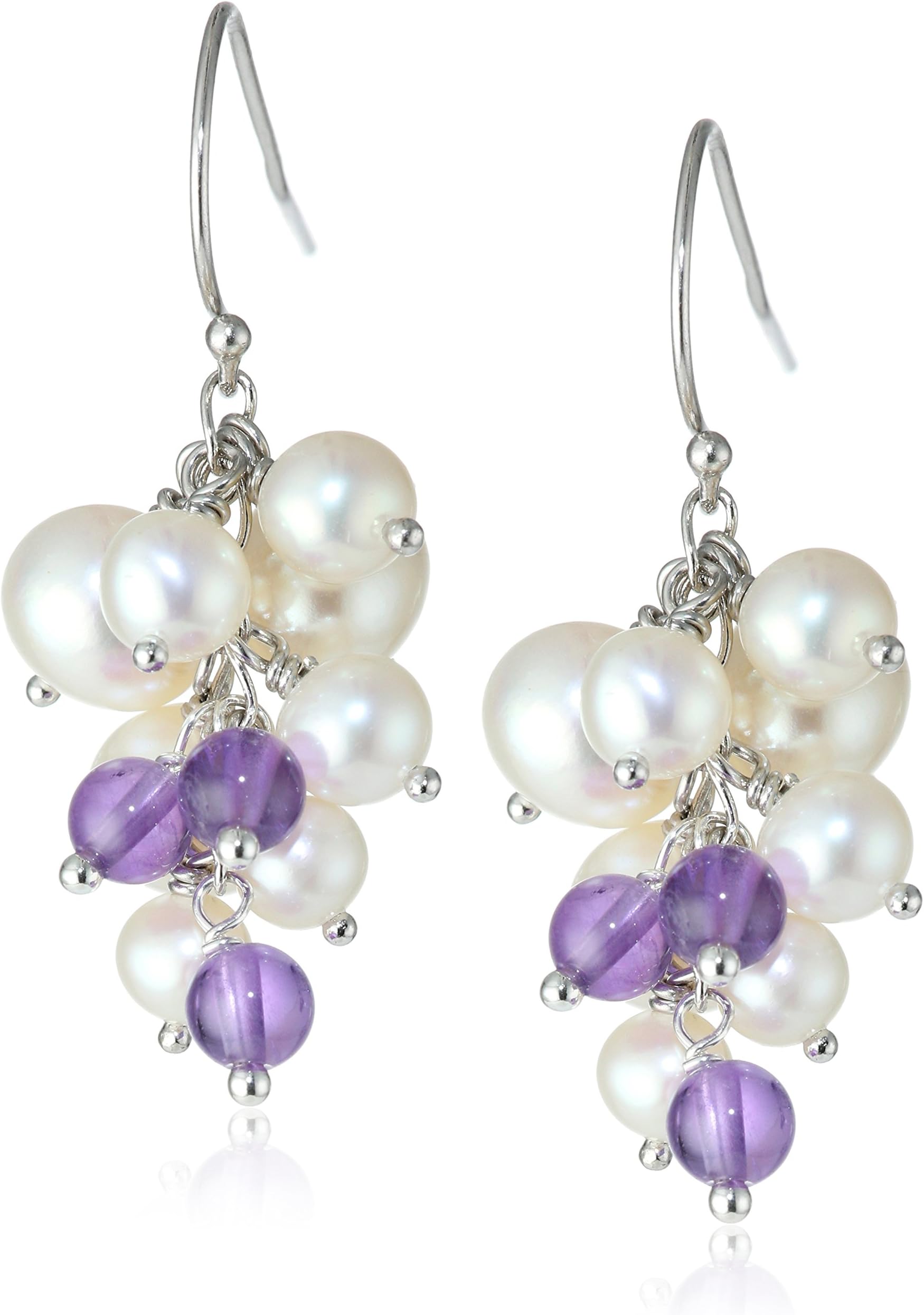 Amazon Collection Round Bead and White Potato Freshwater Cultured Pearl Cluster Sterling Silver Drop Earrings