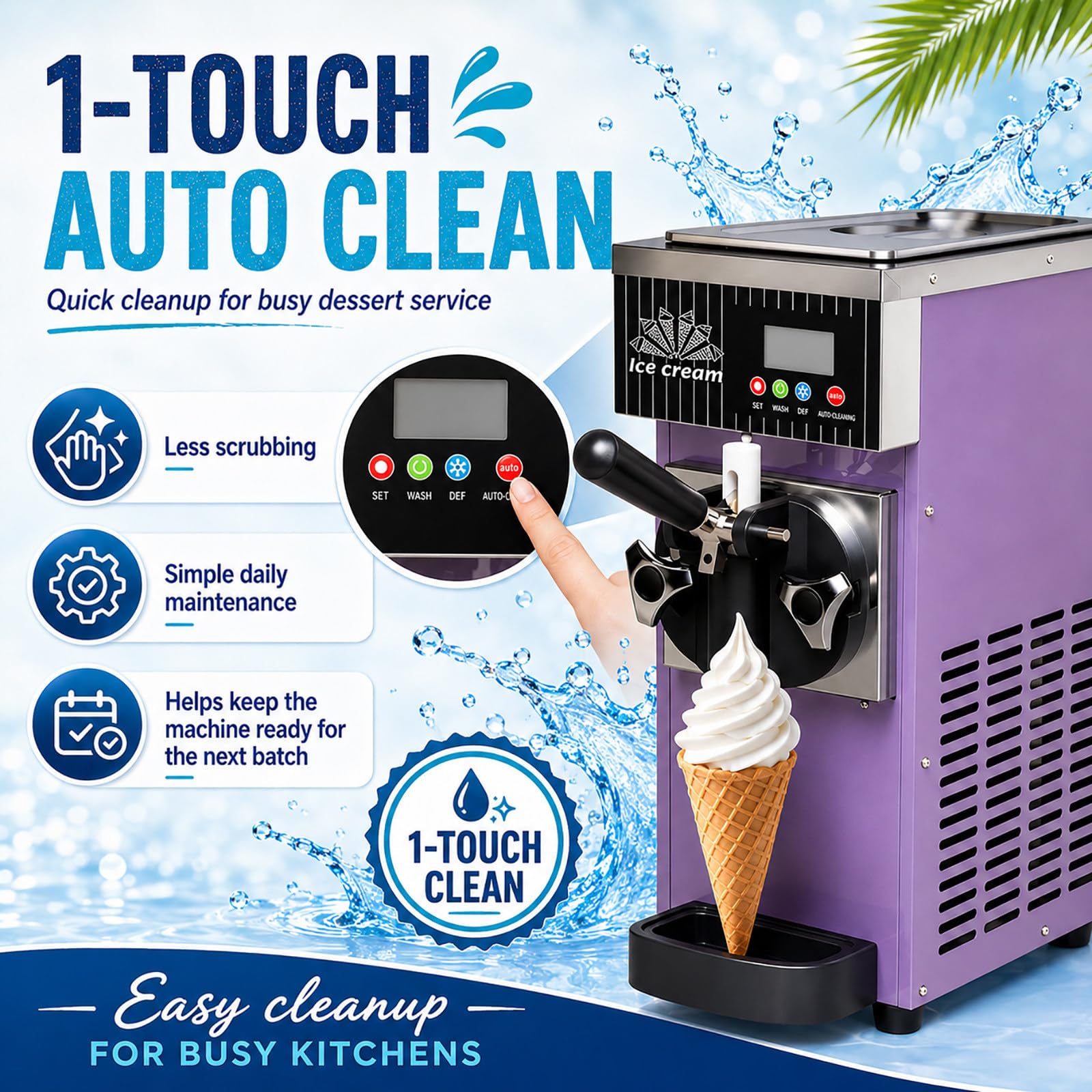 Machine à Glace Italienne de Comptoir - 450 W, Bac 2,5 L, Écran LCD, Nettoyage Auto pour Boutiques Dessert White