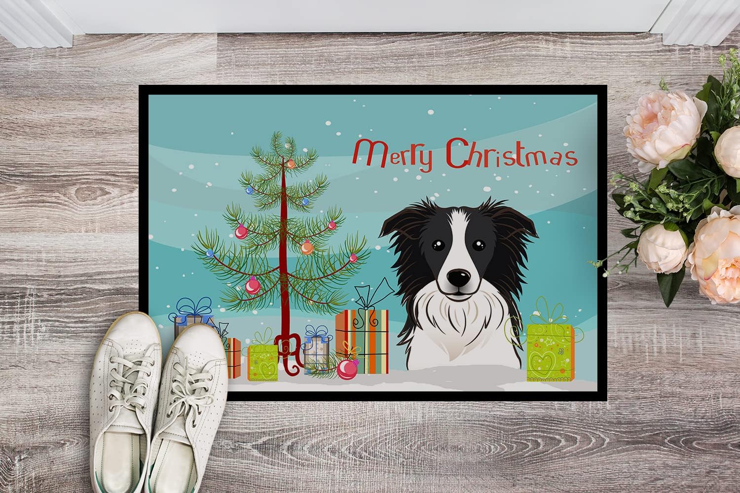 Caroline's Treasures BB1613JMAT Christmas Tree and Border Collie Doormat 24x36 Front Door Mat Indoor Outdoor Rugs for Entryway, Non Slip Washable Low Pile, 24H X 36W