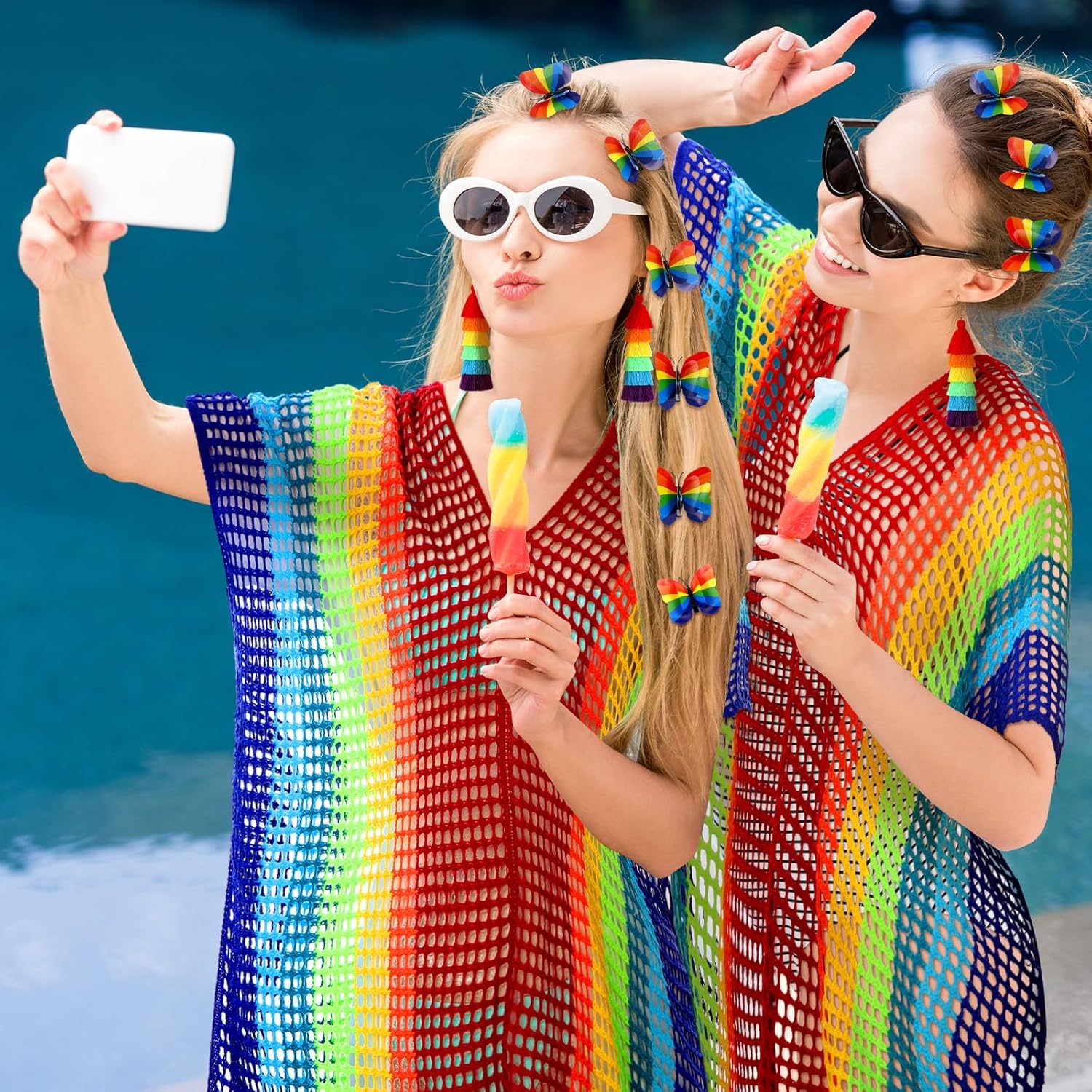 Shyyween 8 Pcs Rainbow Outfits for Women Rainbow Accessories Cover up Dress Tassel Earrings Butterfly Hair Clip for Beach
