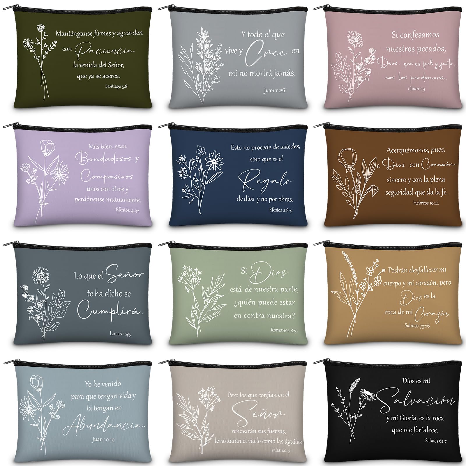 Kacctyen 12 Pcs Christian Mother's Day Gifts Makeup Bag Spanish Verses Inspirational Gift for Women Bible Verse Cosmetic Bag in Spanish Zipper Pouch