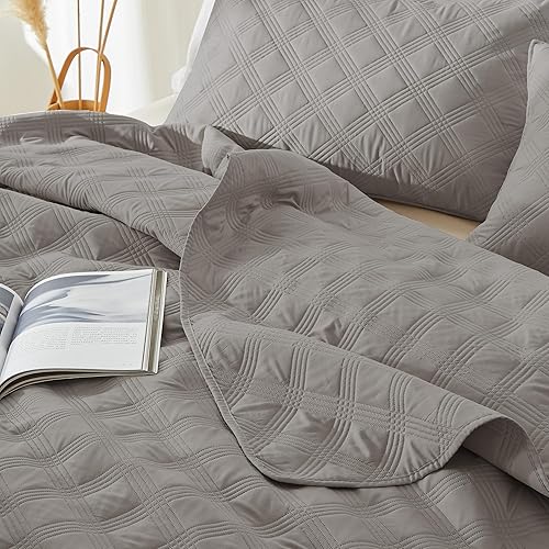 Miniatura 5 de inron Juego de edredón tamaño Queen, colcha ultrasónica de microfibra gris, colcha ligera y transpirable, juego de ropa de cama delgado con patrón