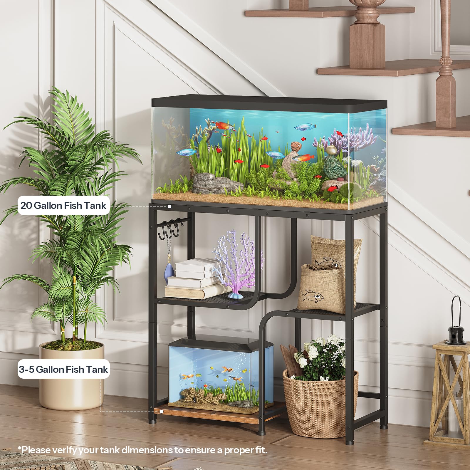 HOOBRO Support pour Aquarium de 76 L avec Tringle et 3 Crochets en S, Support pour Terrarium à 6 Pieds Réglables, avec 2 Étagères Grillagées et 1 Tablette, Chambre, Marron Rustique et Noir EBF74FT01