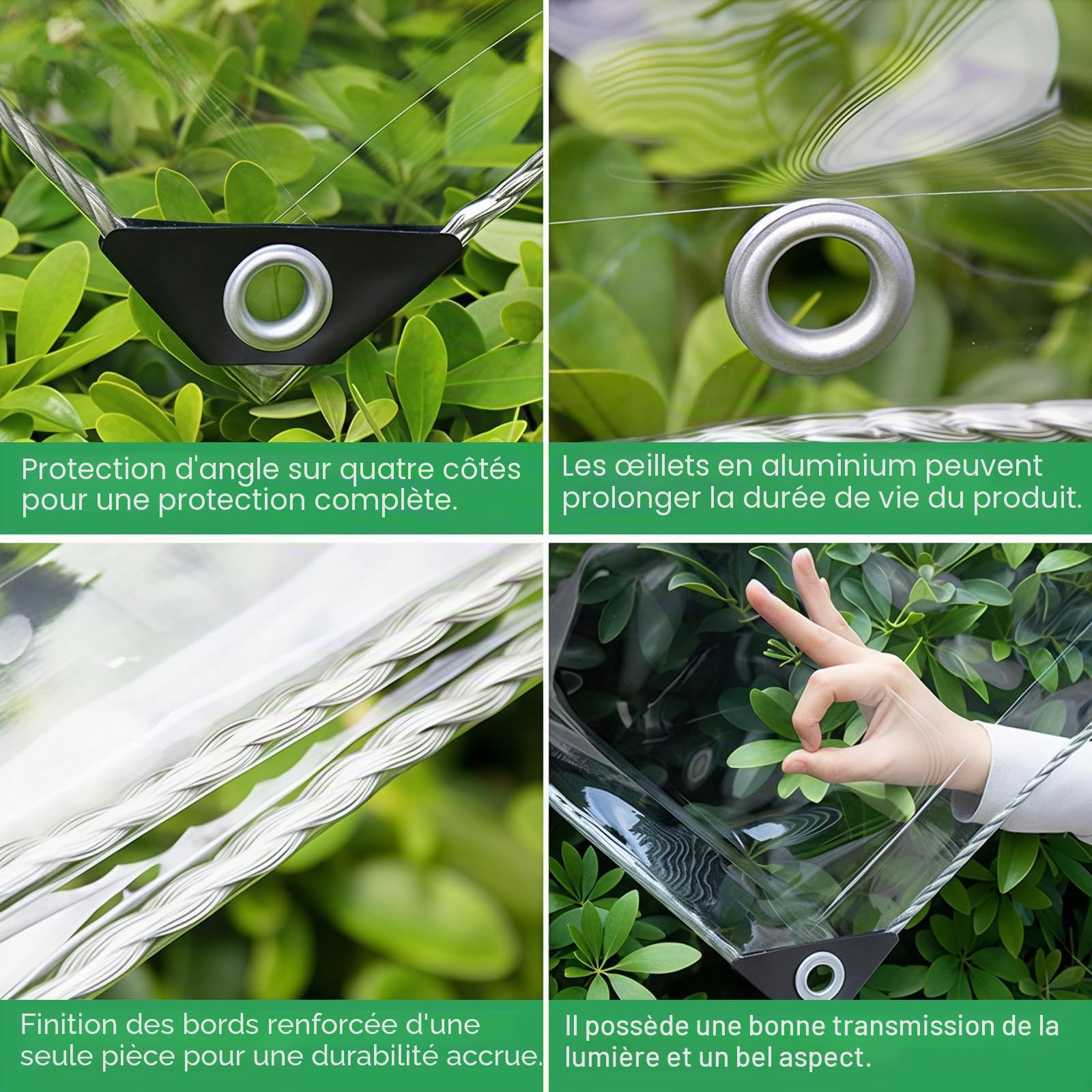 2x4m Bâche Transparente avec œillets, 450 g/m² PVC Bâche Transparente avec 20 Serre-câbles, Corde de Fixation de 10m Exterieur Imperméable pour Terrasse, Balcon, Jardin, Les tonnelles