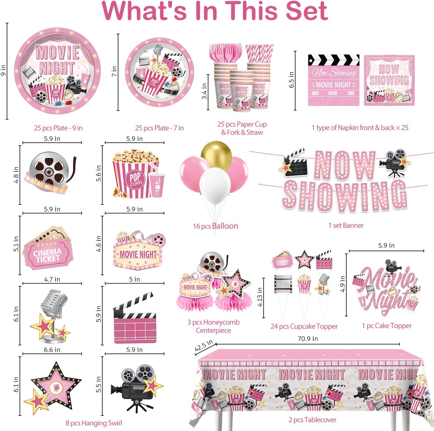 213 PCS Pink Movie Night Decorations, Movie Theme Party Supplies Service 25, with Now Showing Banner, Cake Topper, Balloons, Plates and Napkins for Movie Night Party