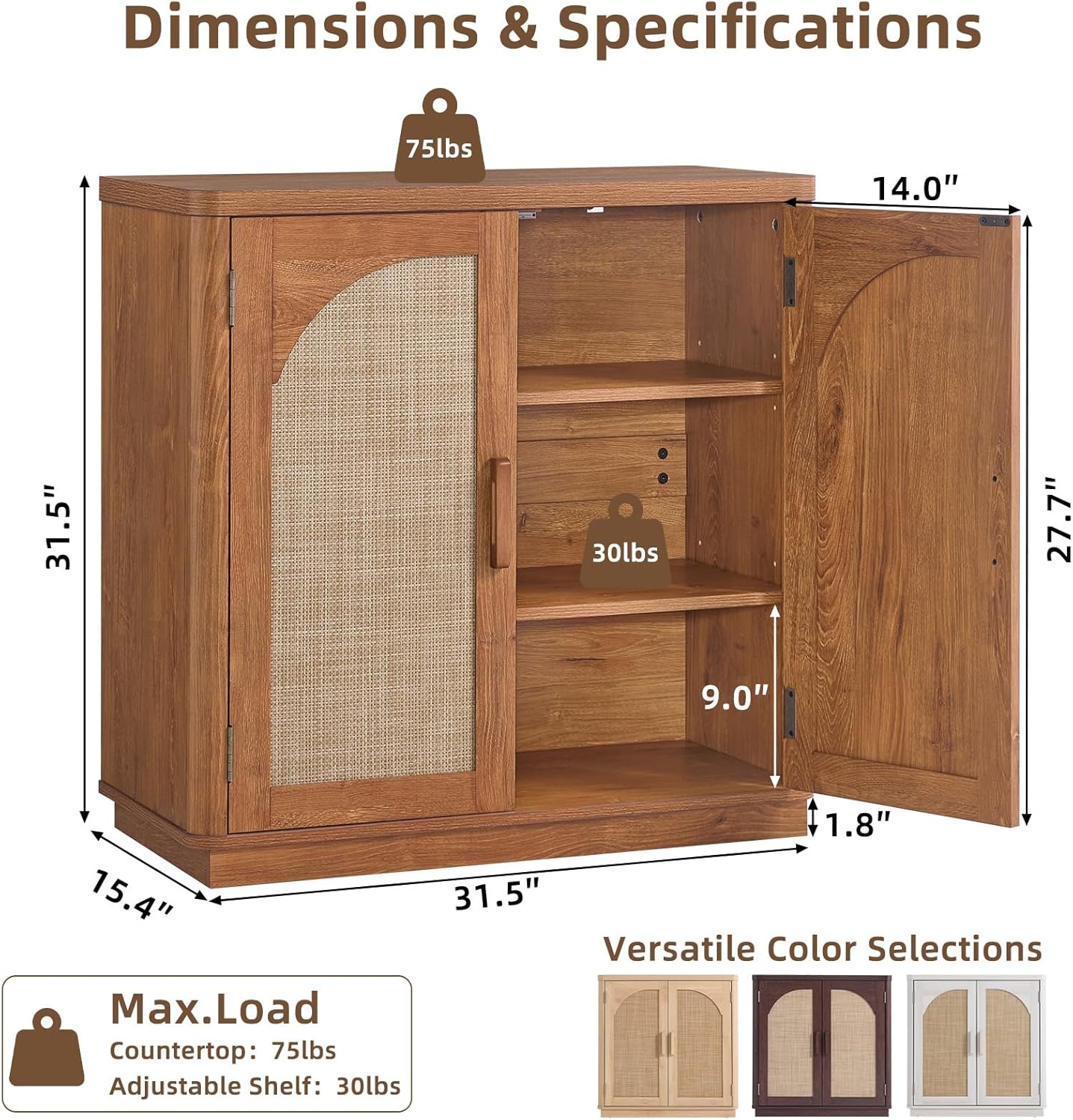 LEYAOYAO Rattan Sideboard Buffet Cabinet with Storage, 31.5" Coffee Bar Cabinet with Arch Doors & Adjustable Shelves, Wood Credenza, Boho Accent Cabinet for Kitchen, Living Room, Brown