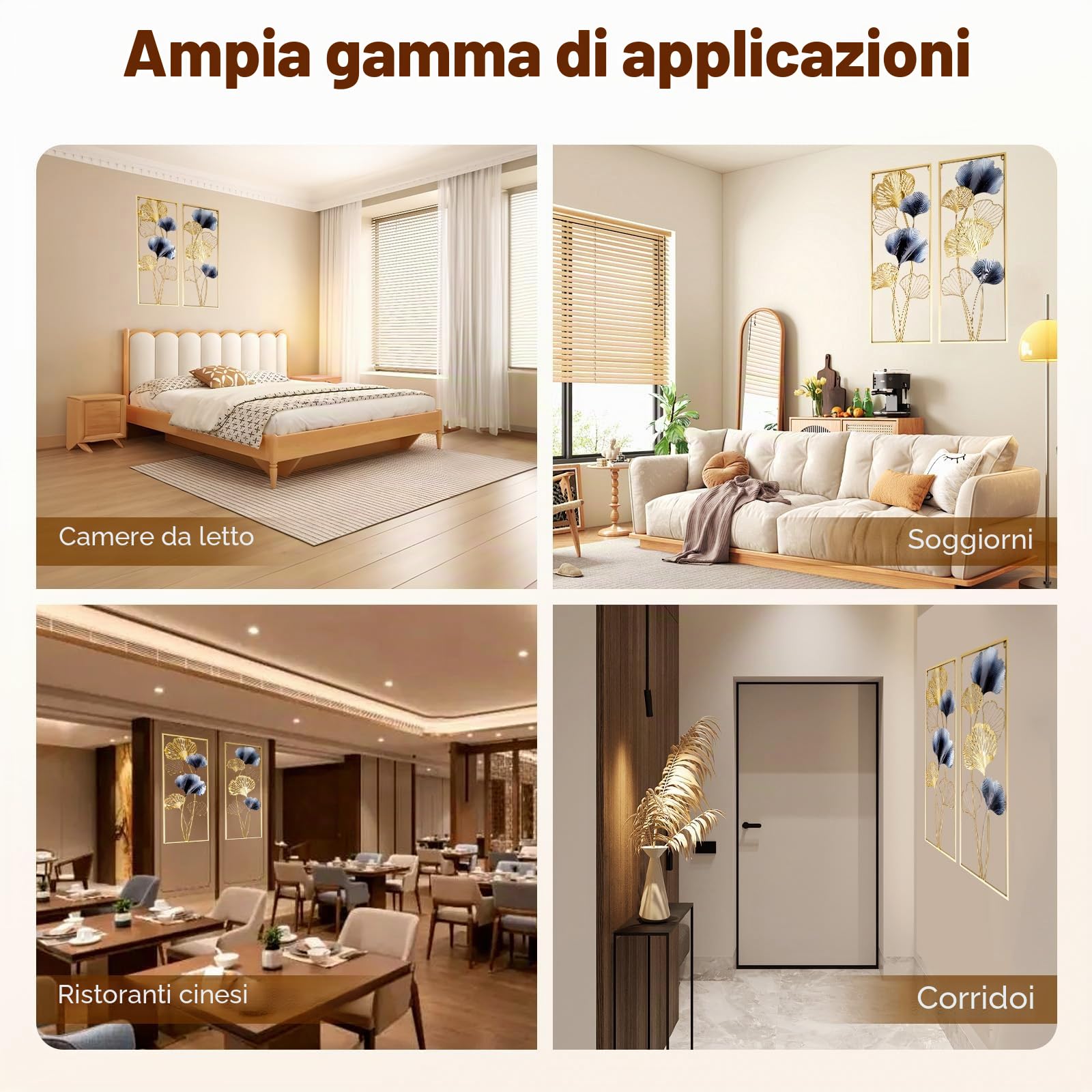 HazLope Set da 2 decorazioni da parete in metallo con foglie di ginkgo, quadro da parete con foglie di ginkgo, scultura da parete, ornamento da parete, appendiparete con cornice lunga e foglia di