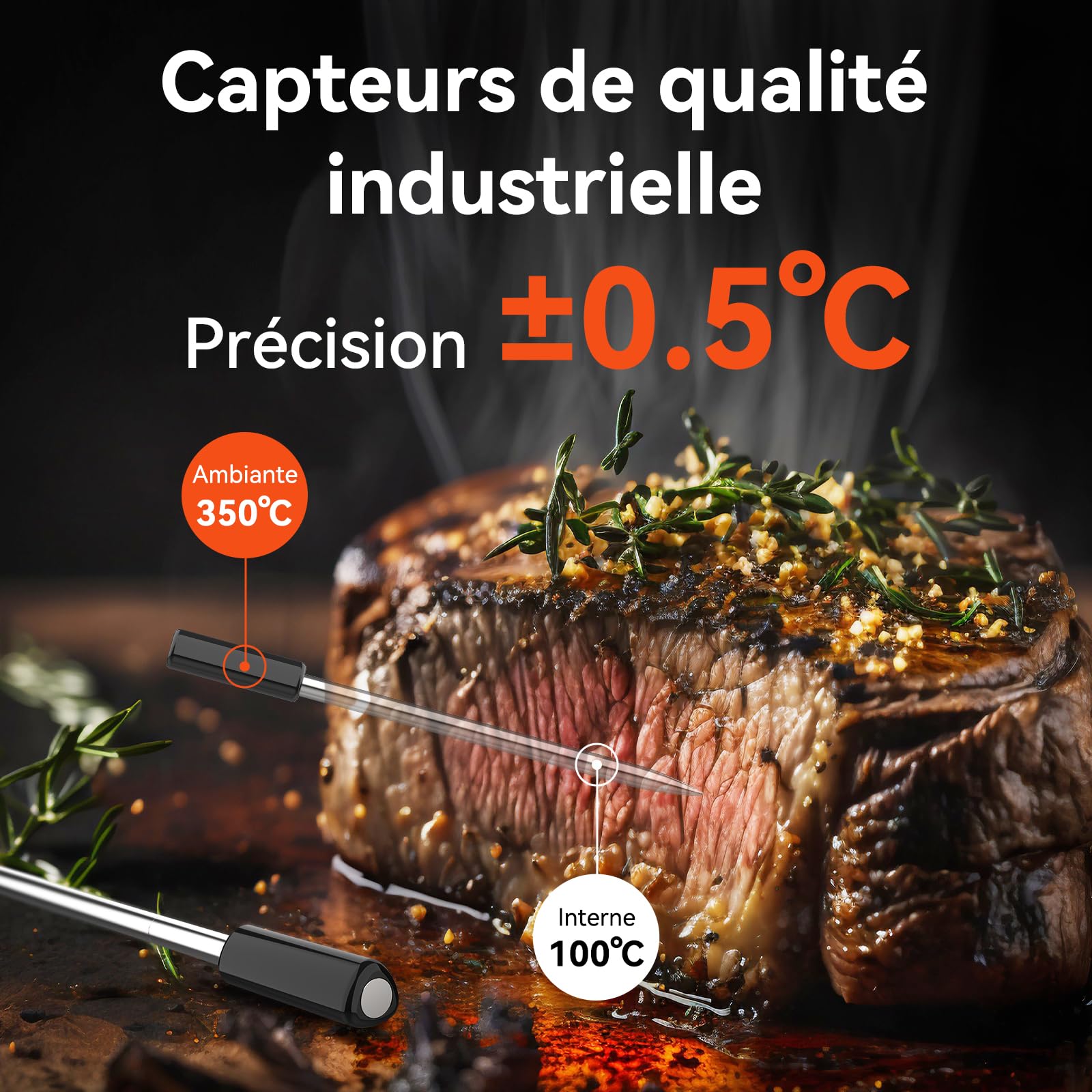 Pro Thermomètre à viande avec Wi-Fi et Bluetooth, surveillance par application avec minuterie et alarme, IP67 étanche et résistant à l'huile, thermomètre à viande sans fil pour Four, Barbecue
