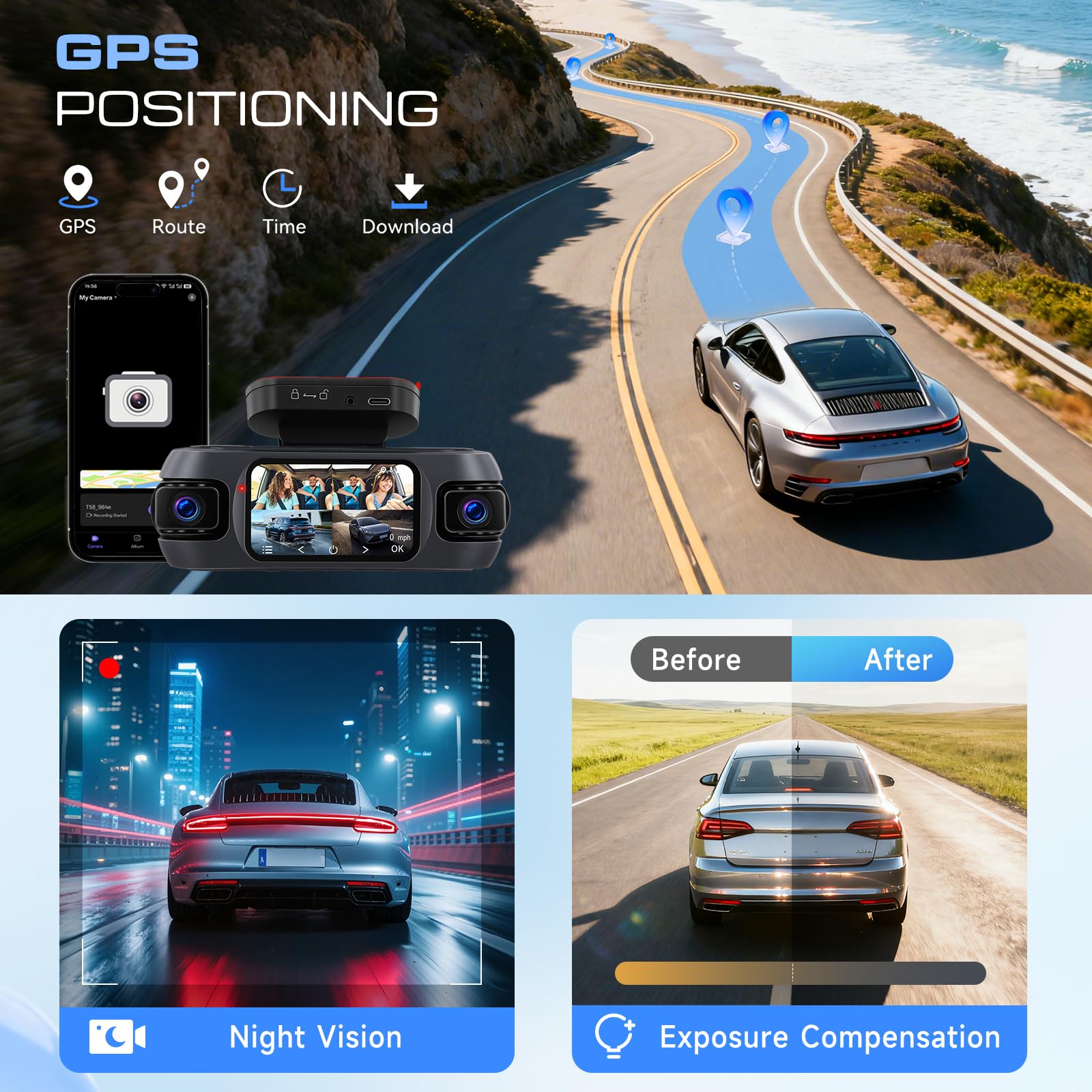Hodozzy 4K 4 Canaux Dashcam Voiture, WiFi et Contrôle Via App Dash Cam Caméra avec Enregistrement en Boucle, GPS Caméra Embarquée 3 Pouces avec Vision Nocturne, Capteur G, Mode Parking+ 64G Carte TF