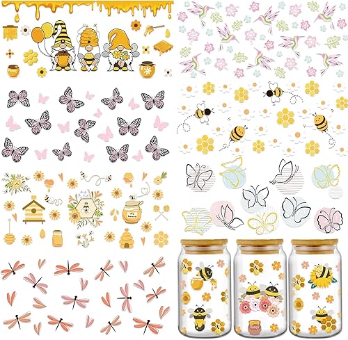 Rngmsi Envoltura de taza UV DTF  8 hojas de primavera UV DTF envolturas de taza para 16 onzas de abeja mariposa gnomos Uvdtf envolturas de taza