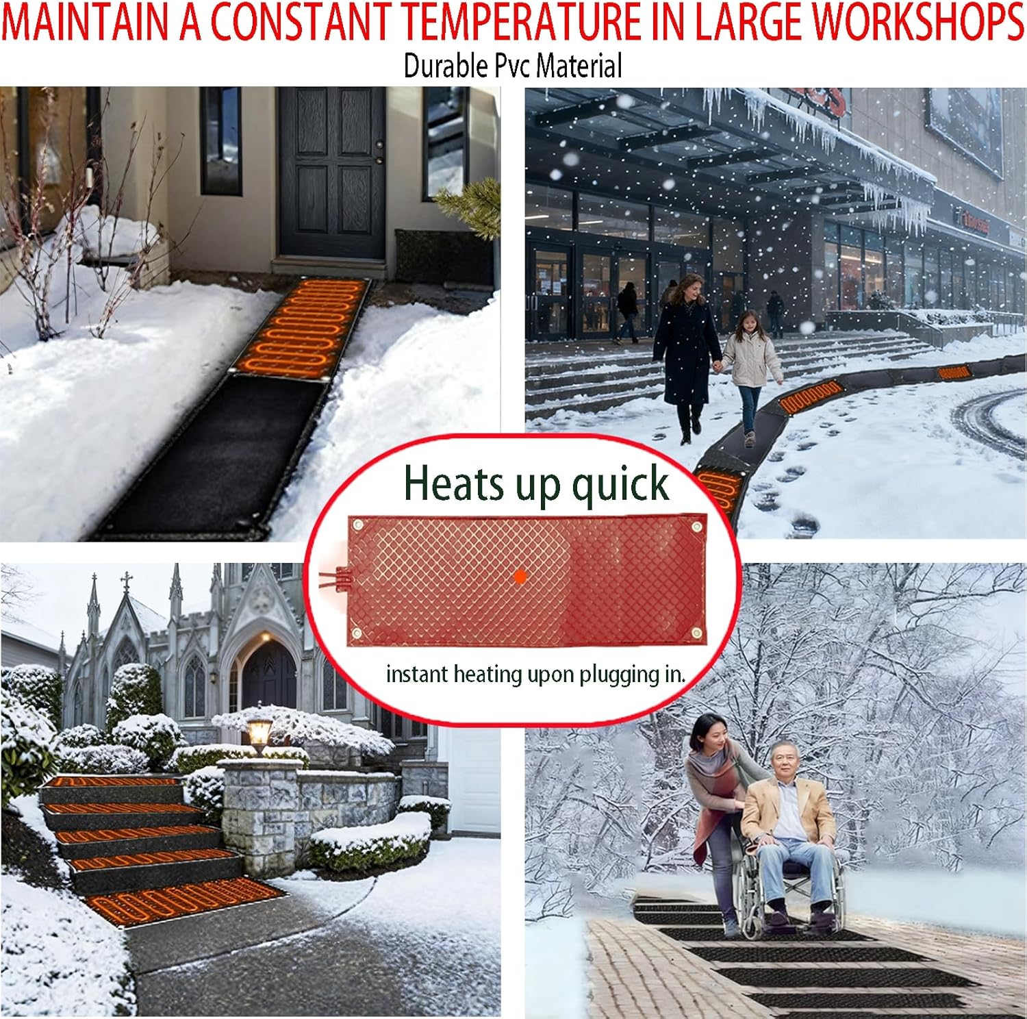Heated Snow Melting Mats,Winter Outdoor Stair Walkway Rubber Ice Melting Mat,Outdoor Snow and Ice Heated Melting Mats No-Slip for Sidewalks,Decks,Driveway,5pcs,10 * 48in